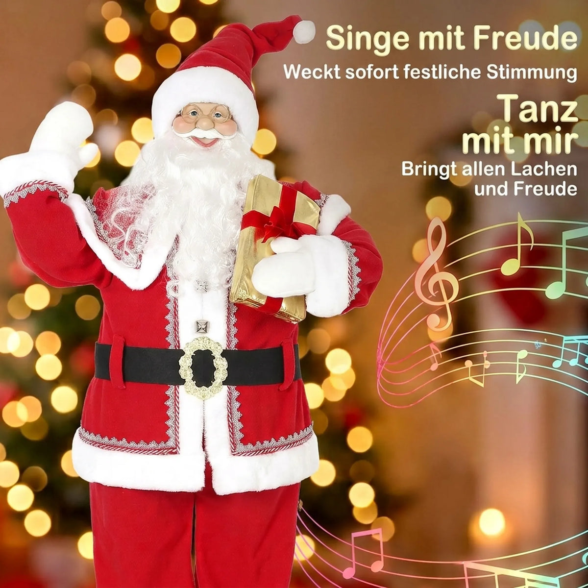 Kalėdų Senelis, animuota muzikinė dekoracija, 150 cm, su dovana