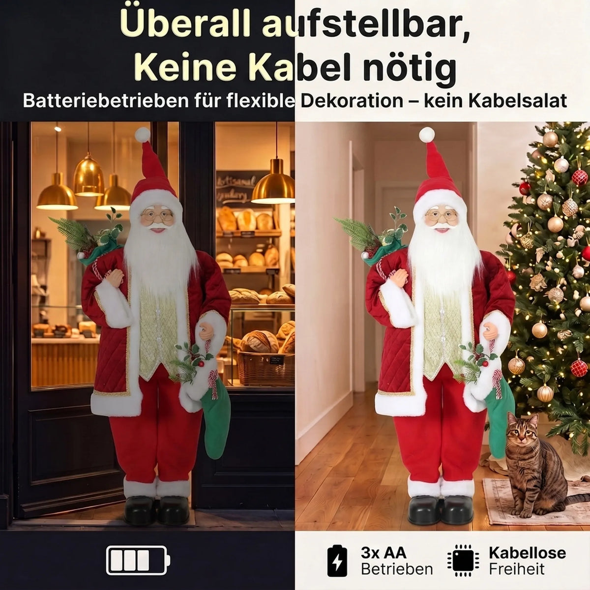 Dviejų interjerų infografika, rodanti dekoracijos maitinimą baterijomis be laidų
