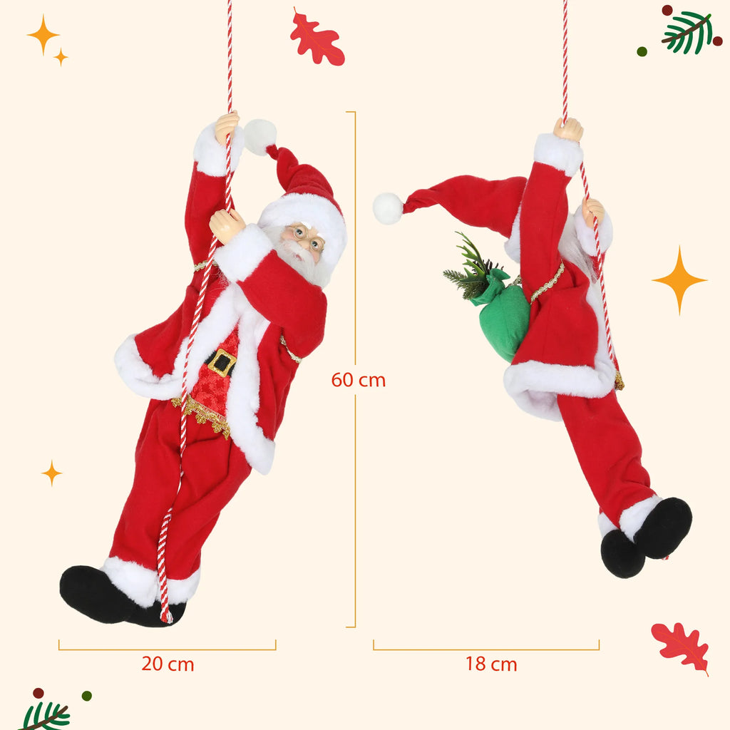 Kalėdų Senelis, dainuojantis ir lipantis, su dovana, virve ir garso funkcija, 60 cm, raudonas