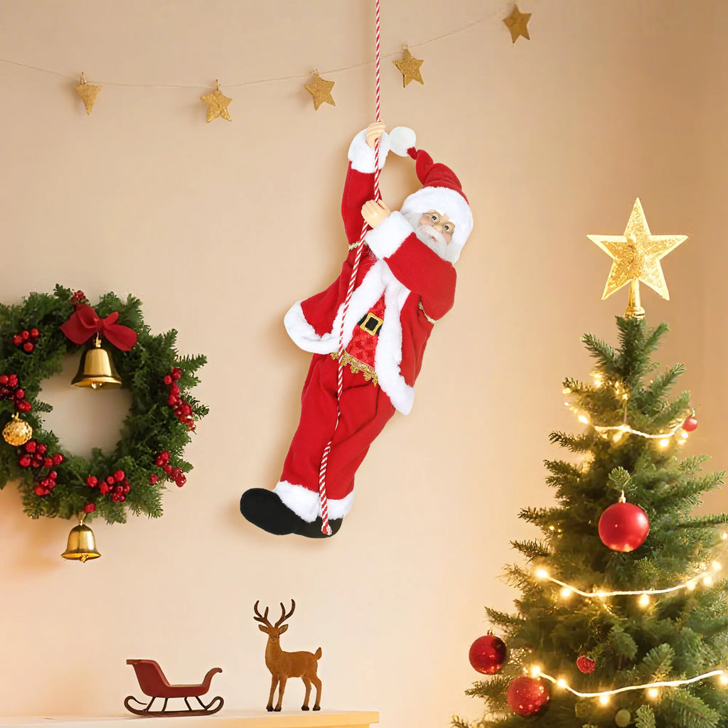 Kalėdų Senelis, dainuojantis ir lipantis, su dovana, virve ir garso funkcija, 60 cm, raudonas