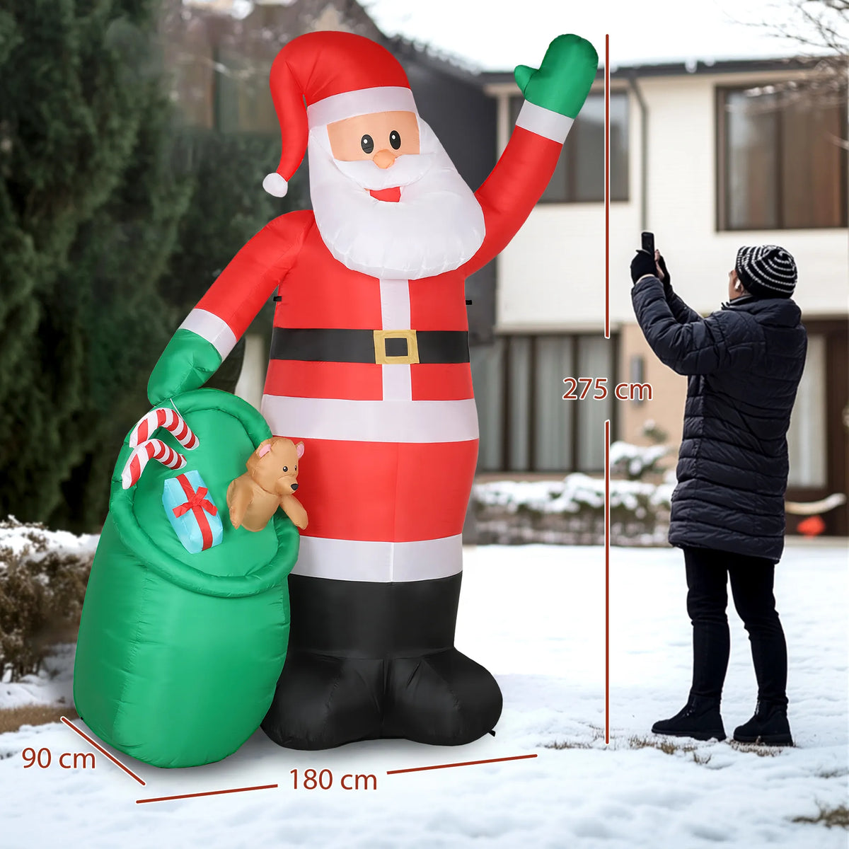Kalėdų Senelis, pripučiama dekoracija, 275 cm, su maišu ir meškiuku, LED