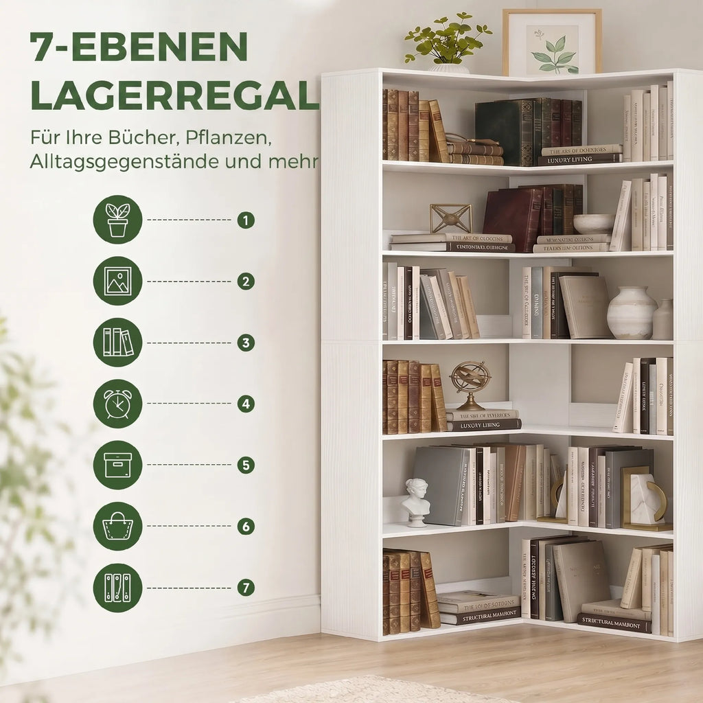Kampinė knygų lentyna, 7 lentynų, L formos, balta