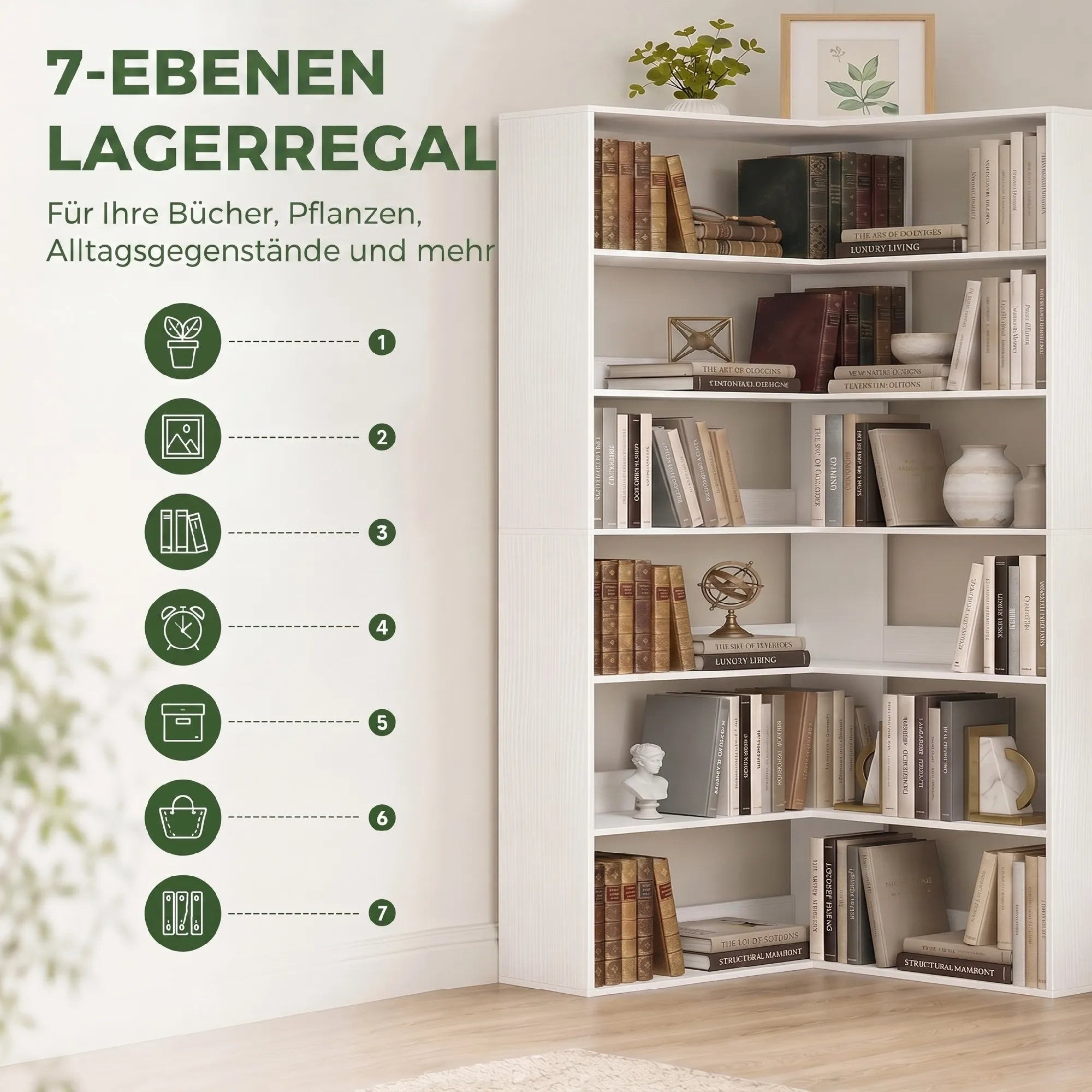 Kampinė knygų lentyna, 7 lentynų, L formos, balta