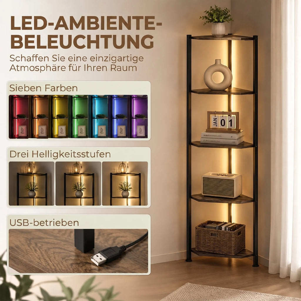 Kampinė lentyna su LED apšvietimu, 5 lentynos, ruda