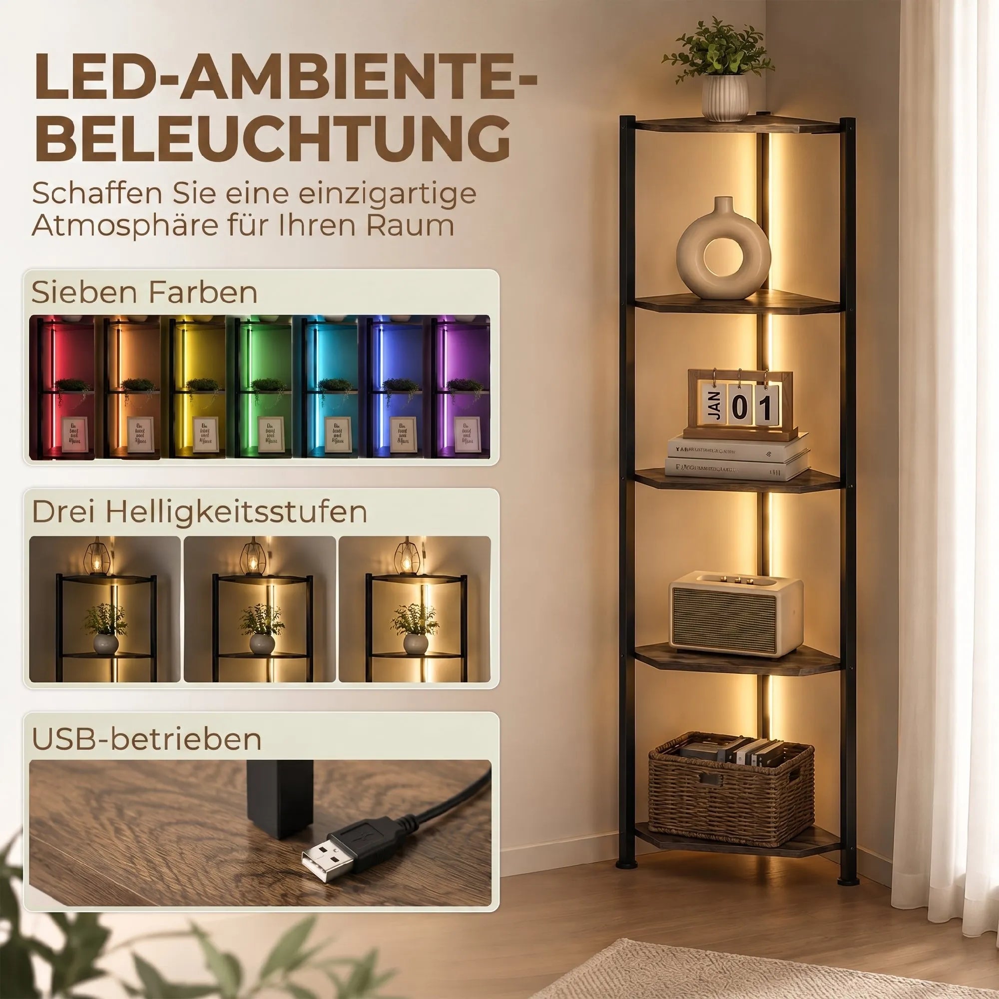 Kampinė lentyna su LED apšvietimu, 5 lentynos, ruda