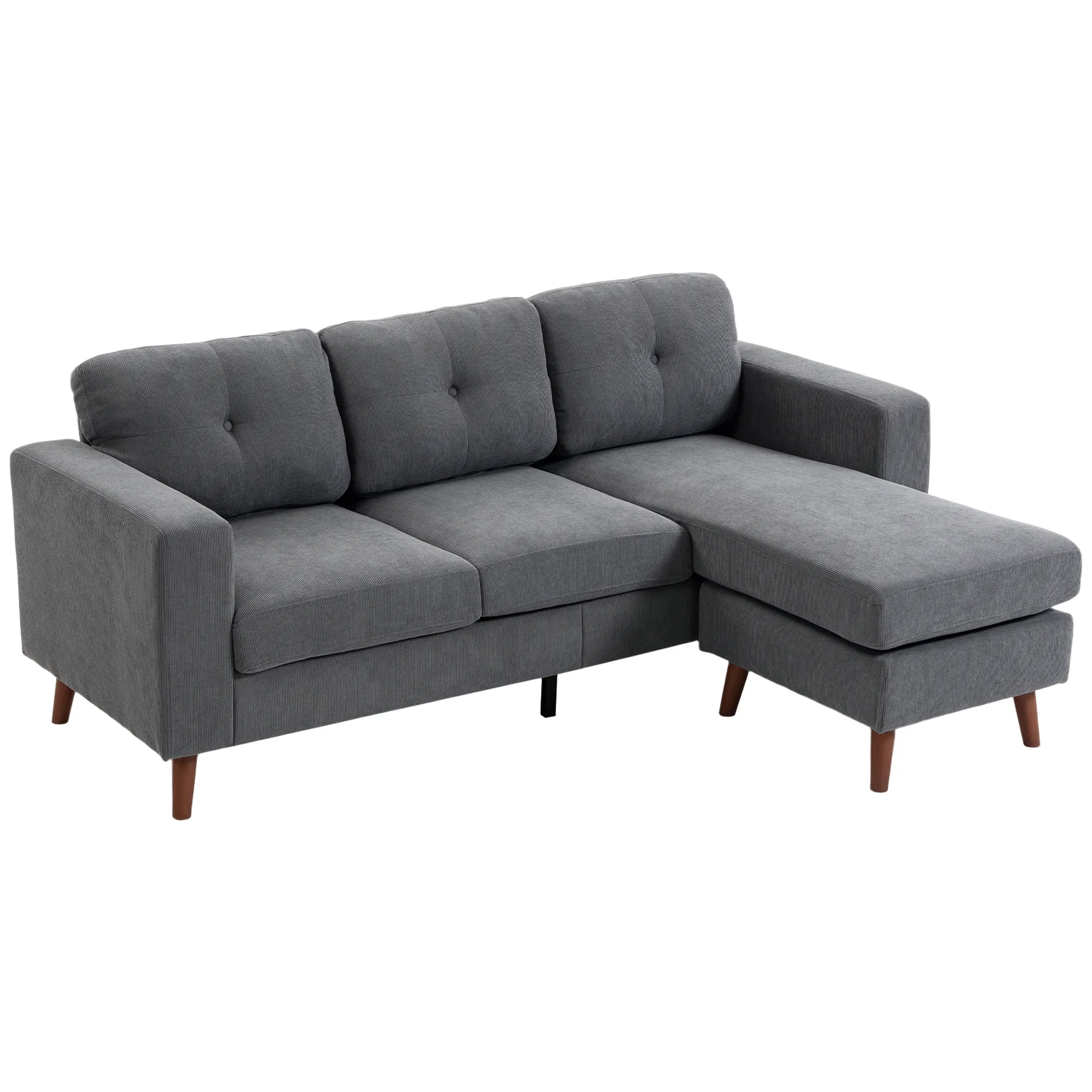 Pilka kampinė sofa su gultu dešinėje, dygsniuotu atlošu ir medinėmis kojelėmis