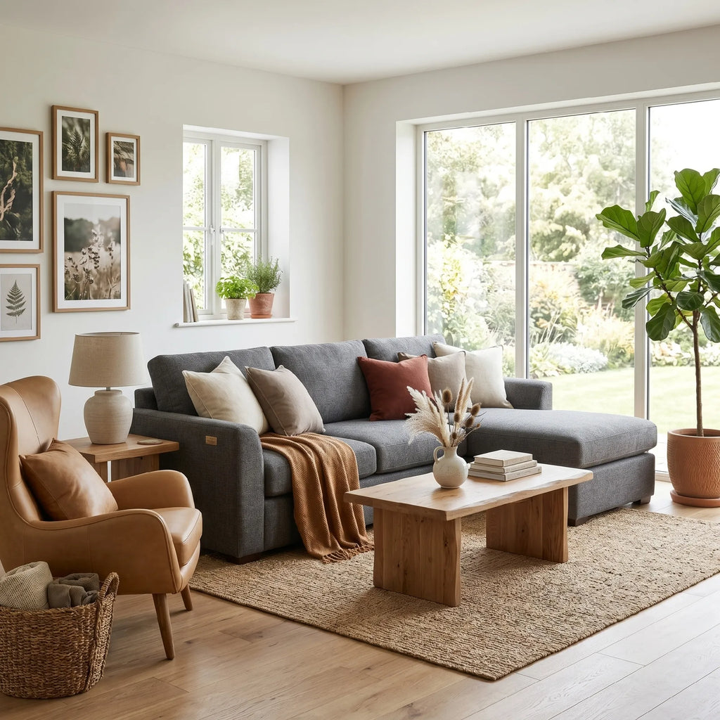 Kampinė sofa 192 cm su reversiniu gultu, pilka