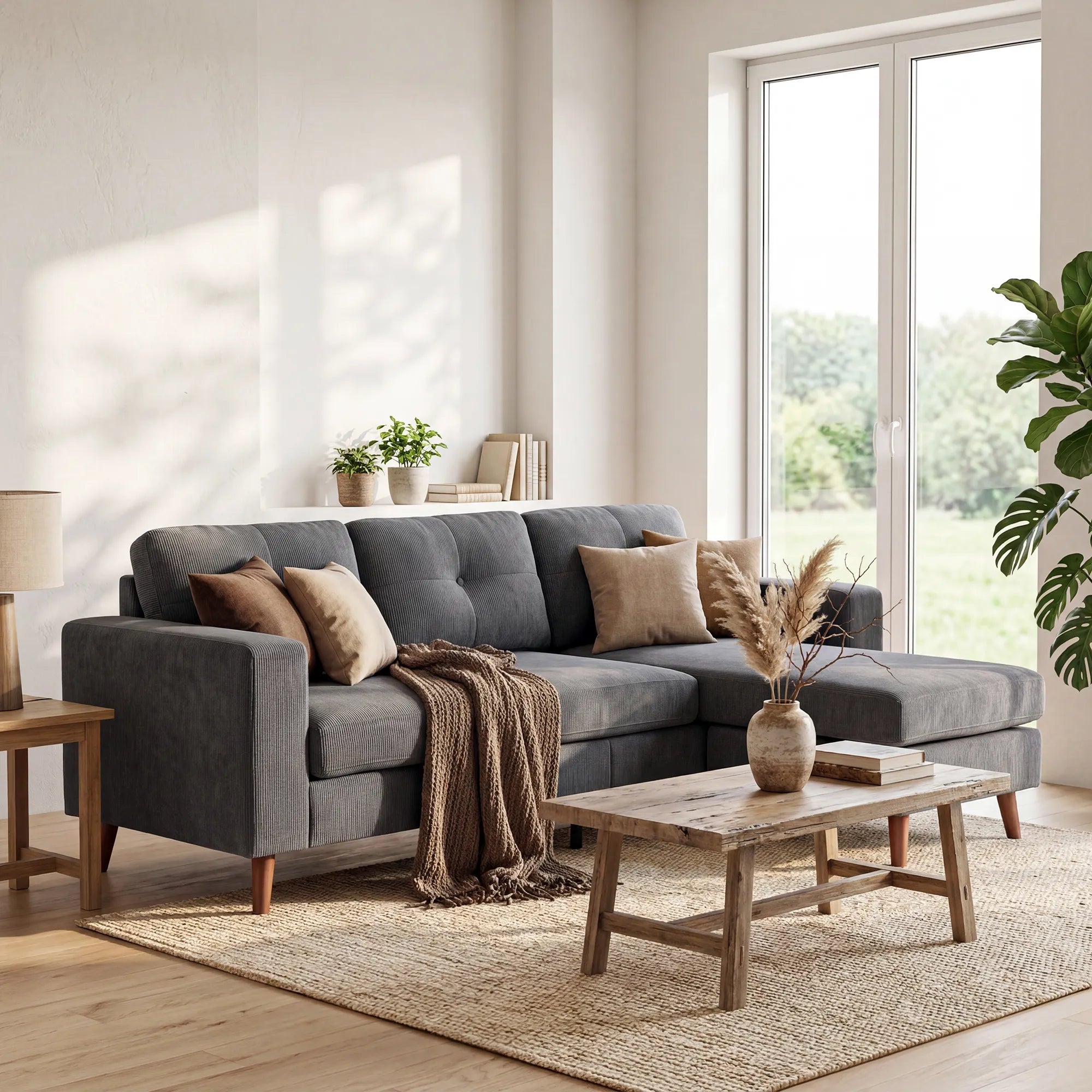 Kampinė sofa svetainėje su rudomis pagalvėlėmis ir megztu pledu ant porankio