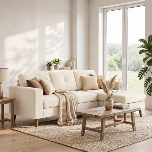 Kampinė sofa, 3 vietų, 192 cm L-formos, kreminė