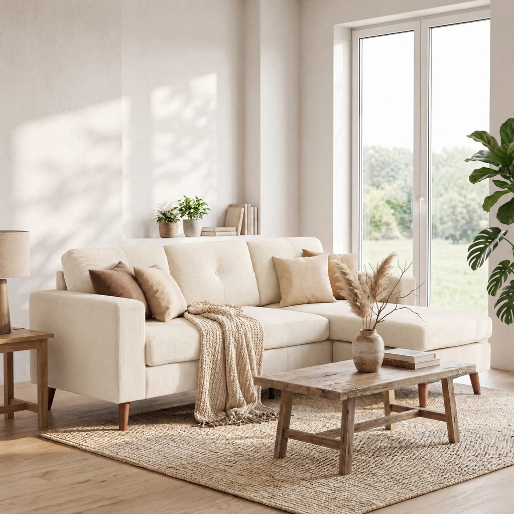 Kampinė sofa, 3 vietų, 192 cm L-formos, kreminė