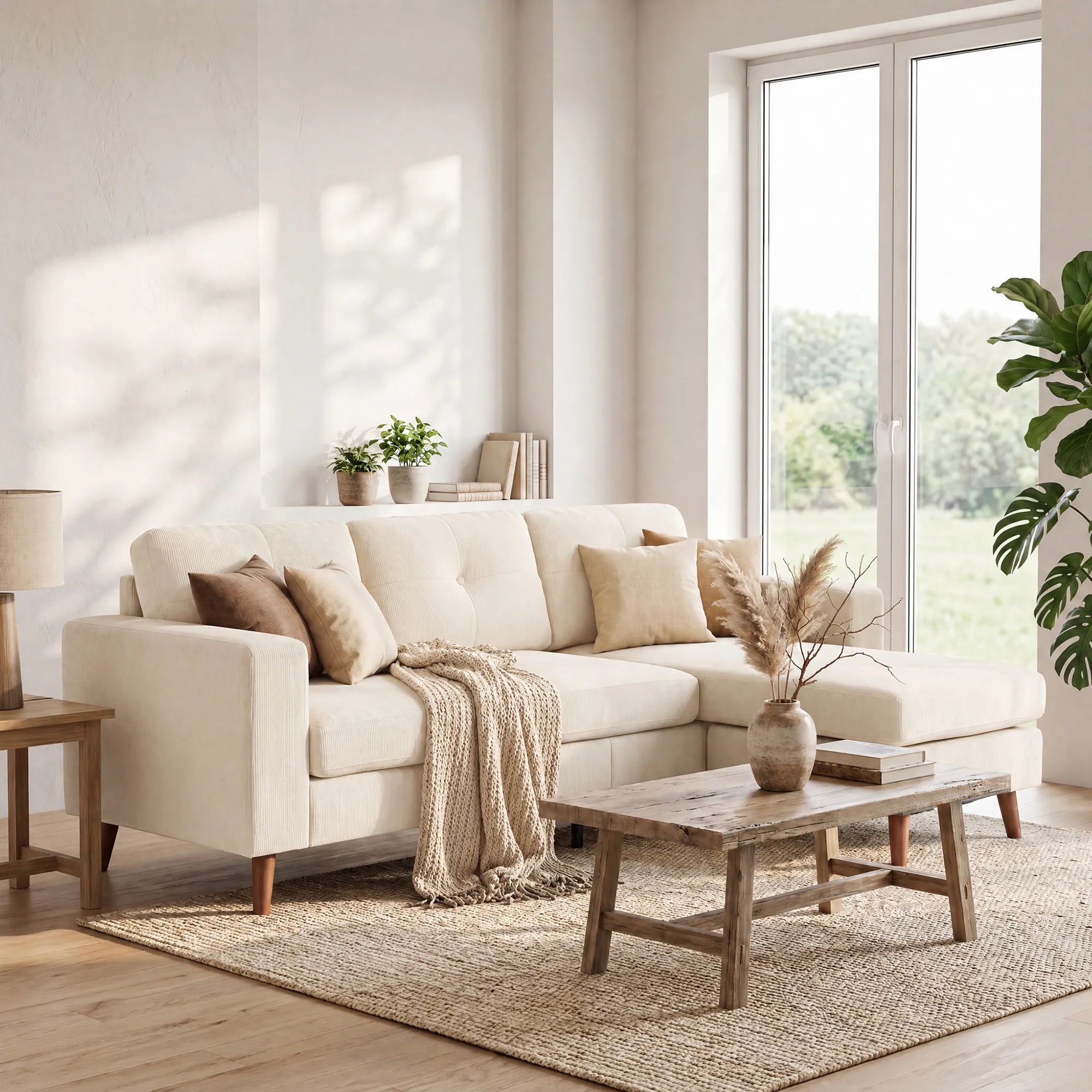 Kampinė sofa, 3 vietų, 192 cm L-formos, kreminė