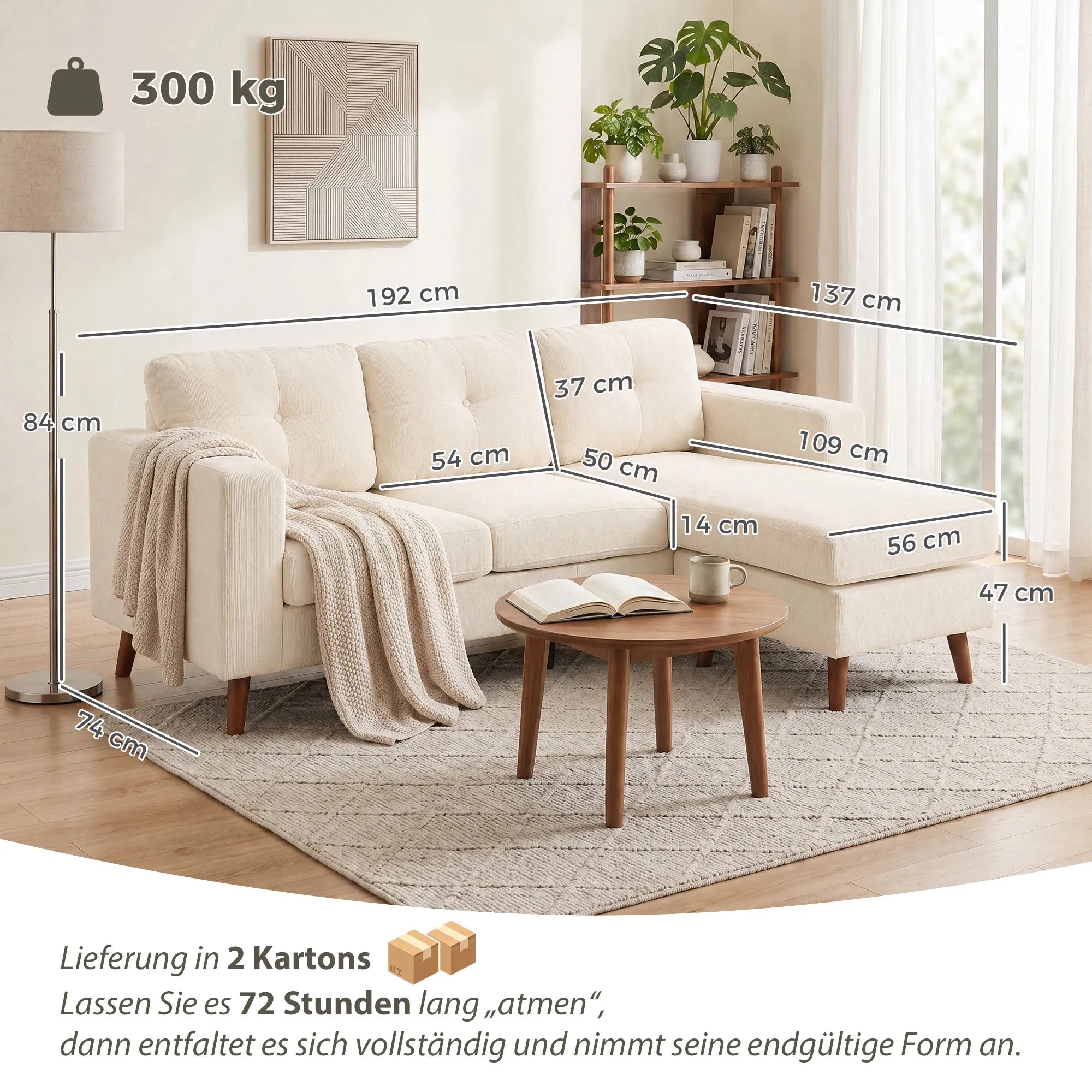 Matmenų schema: sofos ilgis 192 cm, gylis su gulimąja dalimi 137 cm, iki 300 kg