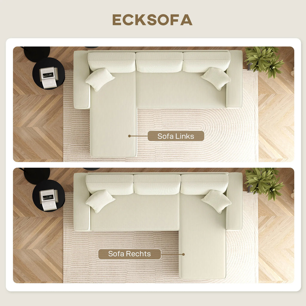 Kampinė sofa, 3 vietų, su pagalvėlėmis, kreminė 241 x 153 x 83 cm
