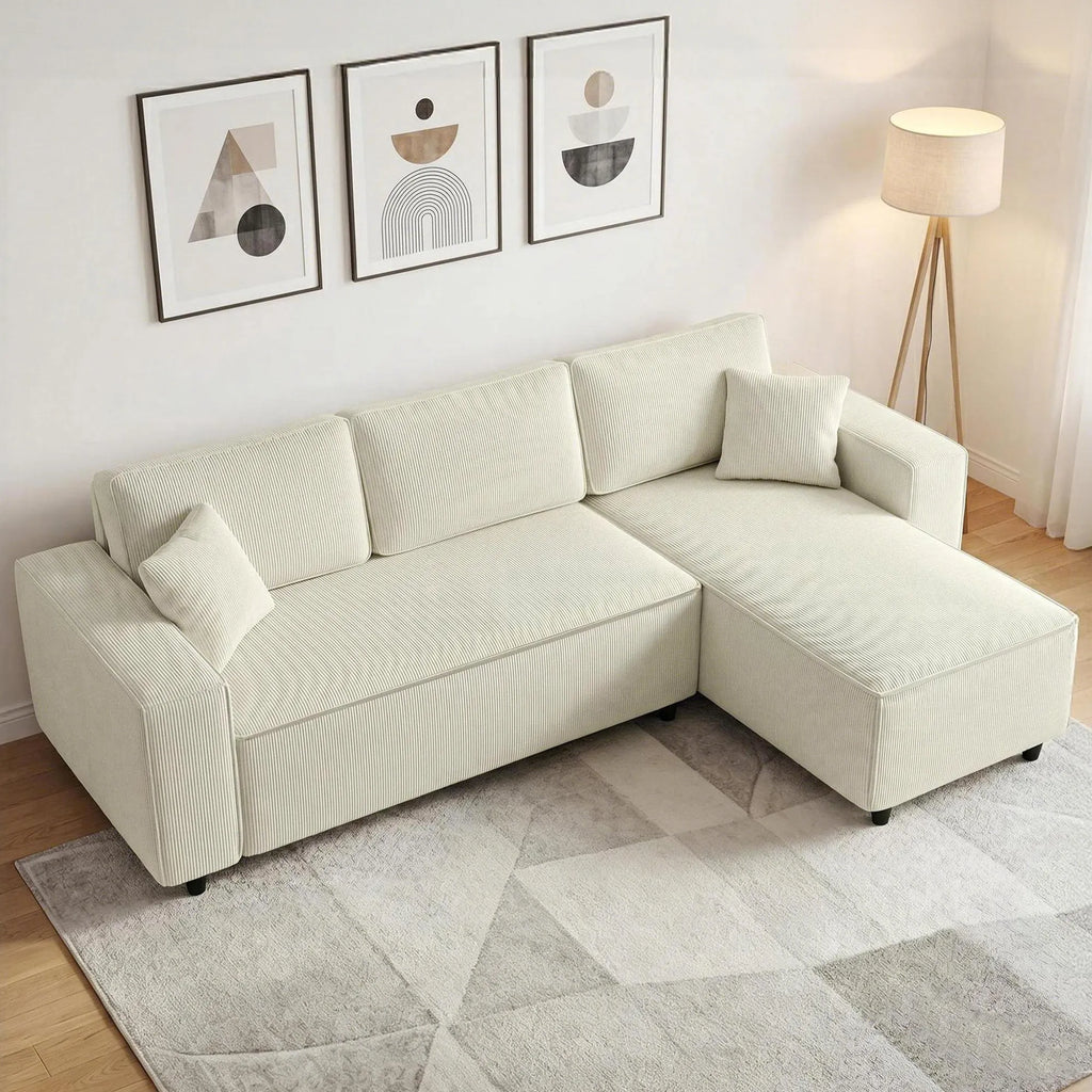 Kampinė sofa, 3 vietų, su pagalvėlėmis, kreminė 241 x 153 x 83 cm