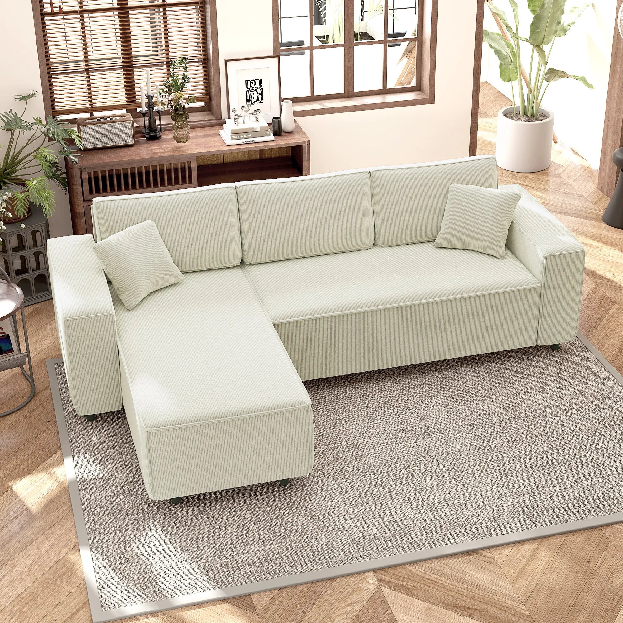 Kampinė sofa, 3 vietų, su pagalvėlėmis, kreminė 241 x 153 x 83 cm