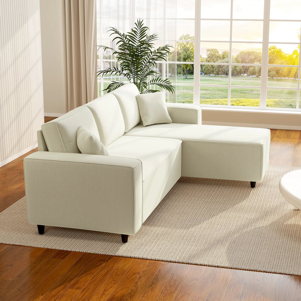Kampinė sofa, 3 vietų, su pagalvėlėmis, kreminė 241 x 153 x 83 cm
