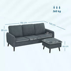 Matmenų schema centimetrais: sofa 196 x 140 cm, aukštis 88 cm, pufas 63 x 63 cm