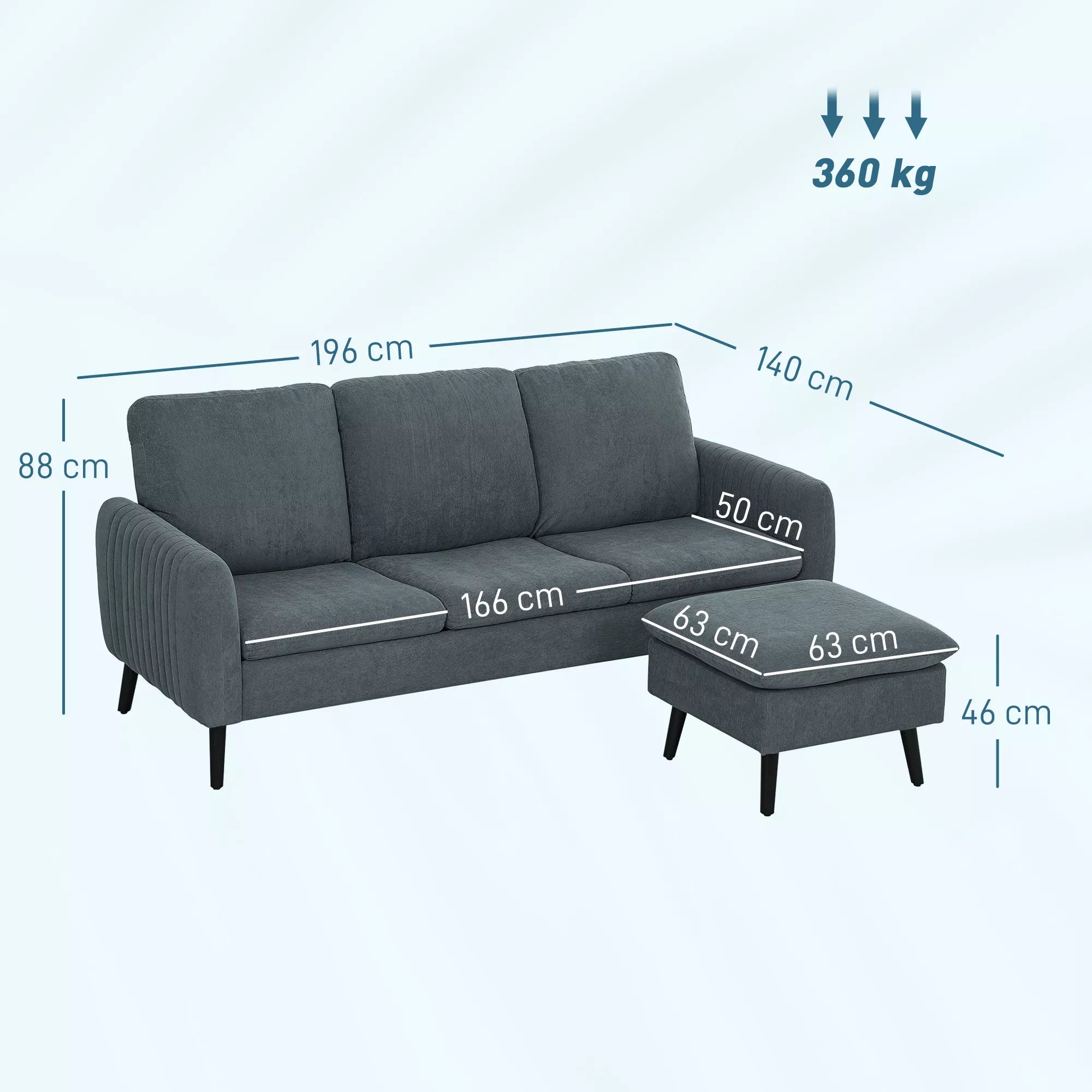 Kampinė sofa 3 vietų su pufu, tamsiai pilka
