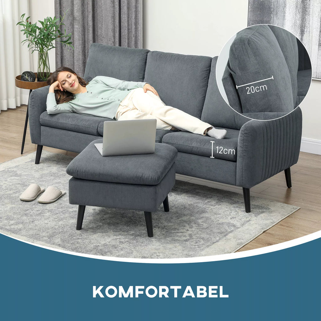 Kampinė sofa 3 vietų su pufu, tamsiai pilka