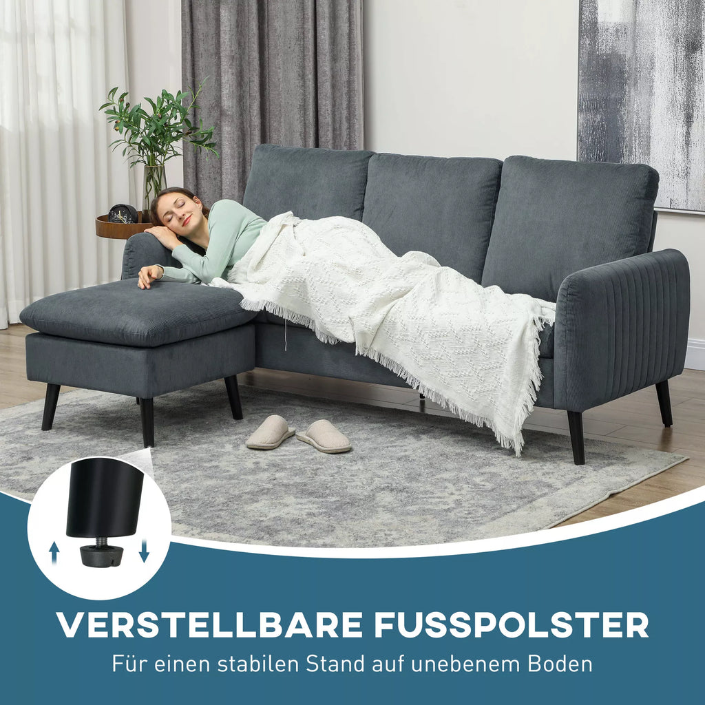 Kampinė sofa 3 vietų su pufu, tamsiai pilka