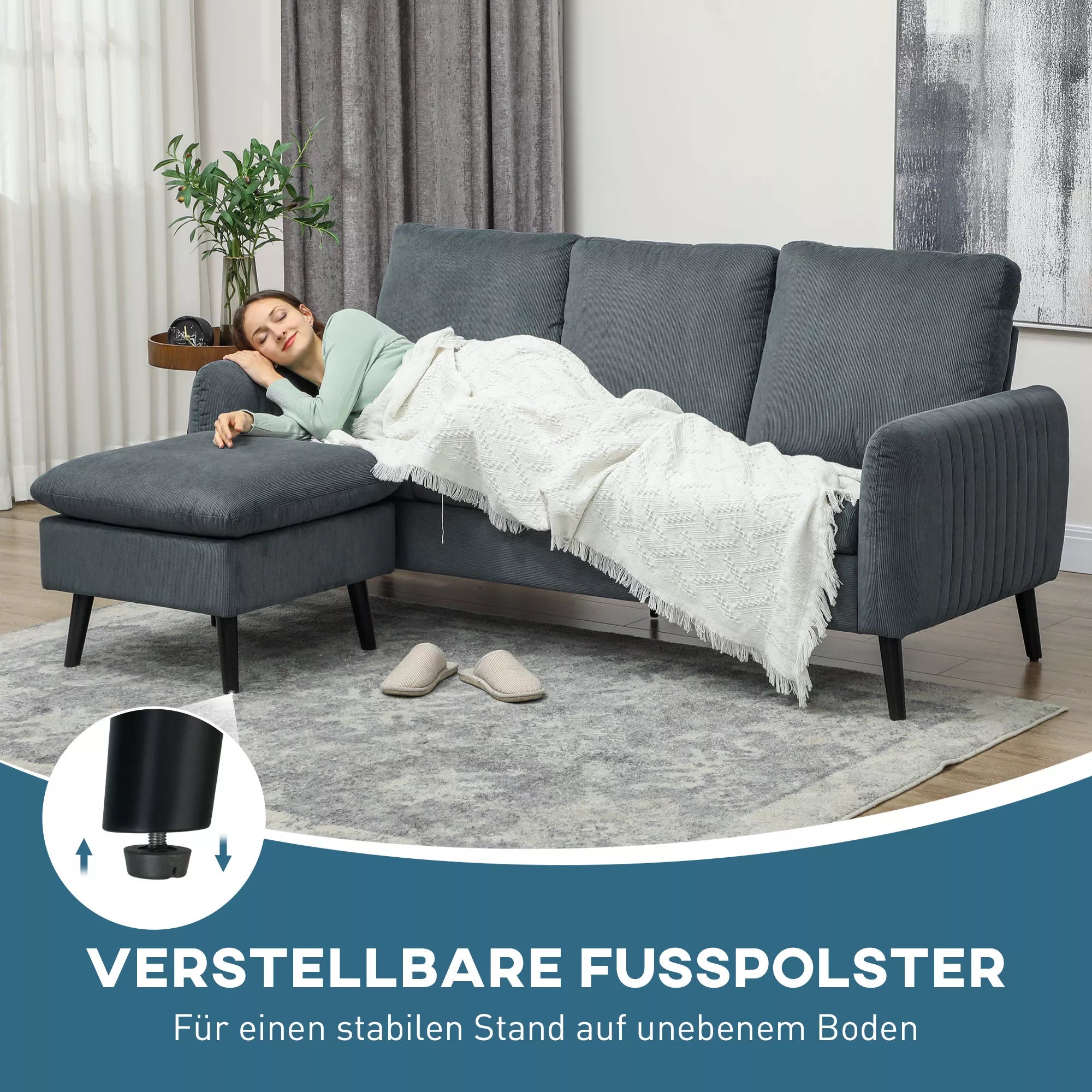 Kampinė sofa 3 vietų su pufu, tamsiai pilka