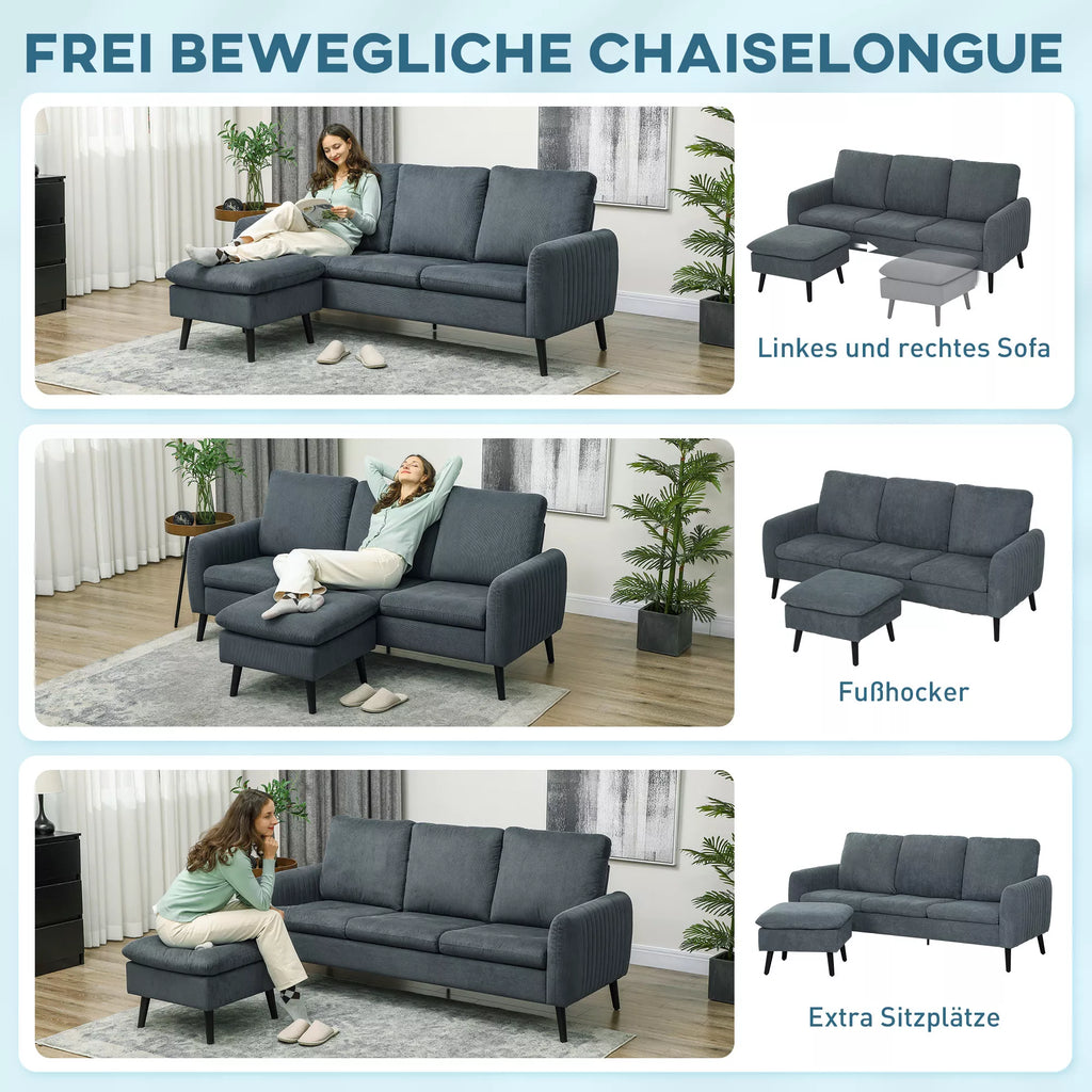 Kampinė sofa 3 vietų su pufu, tamsiai pilka