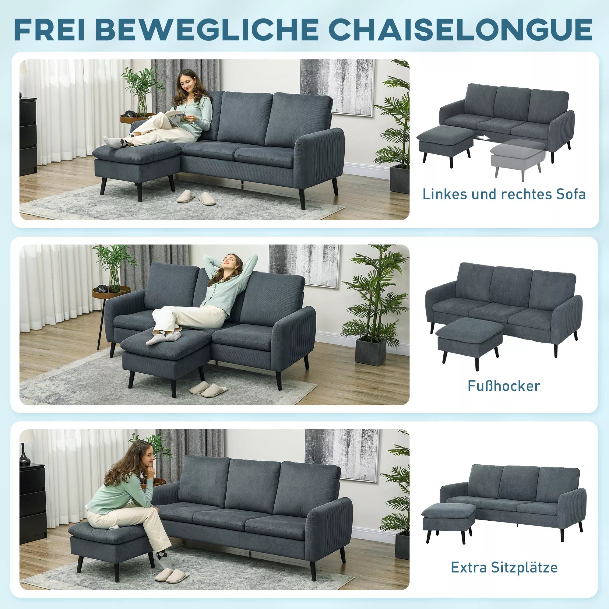 Kampinė sofa 3 vietų su pufu, tamsiai pilka