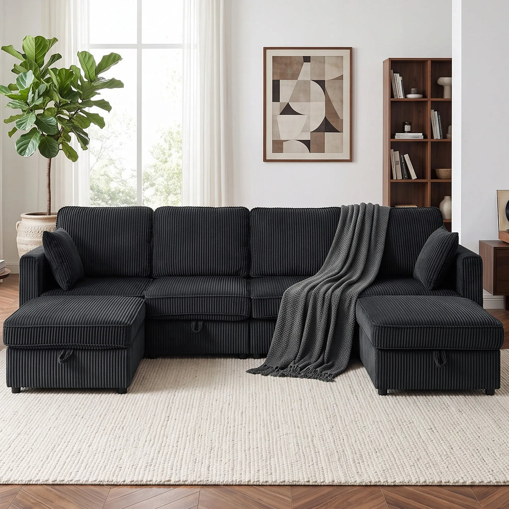 Kampinė sofa 4 vietų, modulinė sofa su daiktadėžėmis, 306 cm, tamsiai pilka