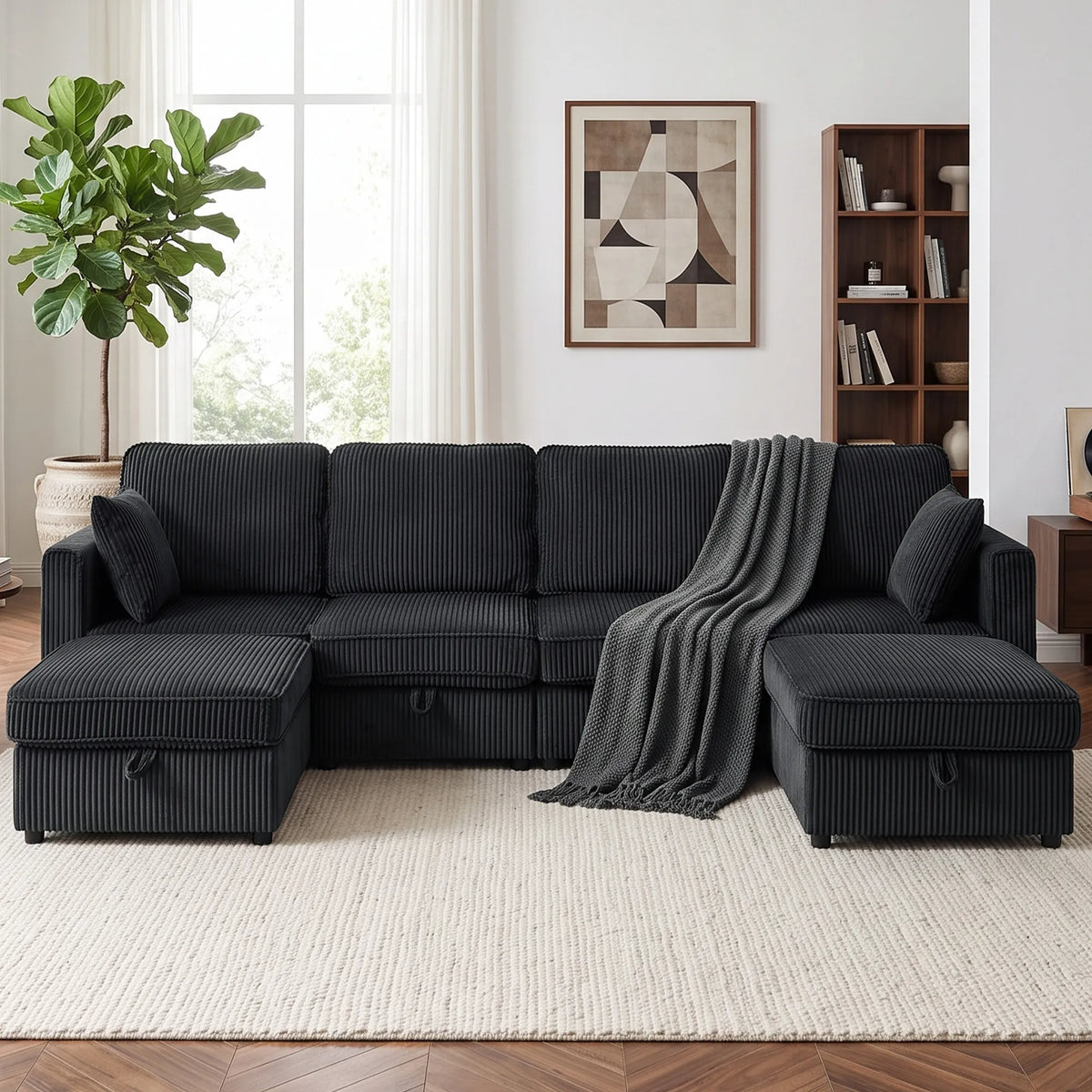 Kampinė sofa 4 vietų, modulinė sofa su daiktadėžėmis, 306 cm, tamsiai pilka