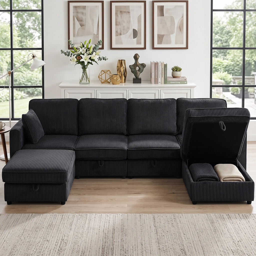 Kampinė sofa 4 vietų, modulinė sofa su daiktadėžėmis, 306 cm, tamsiai pilka