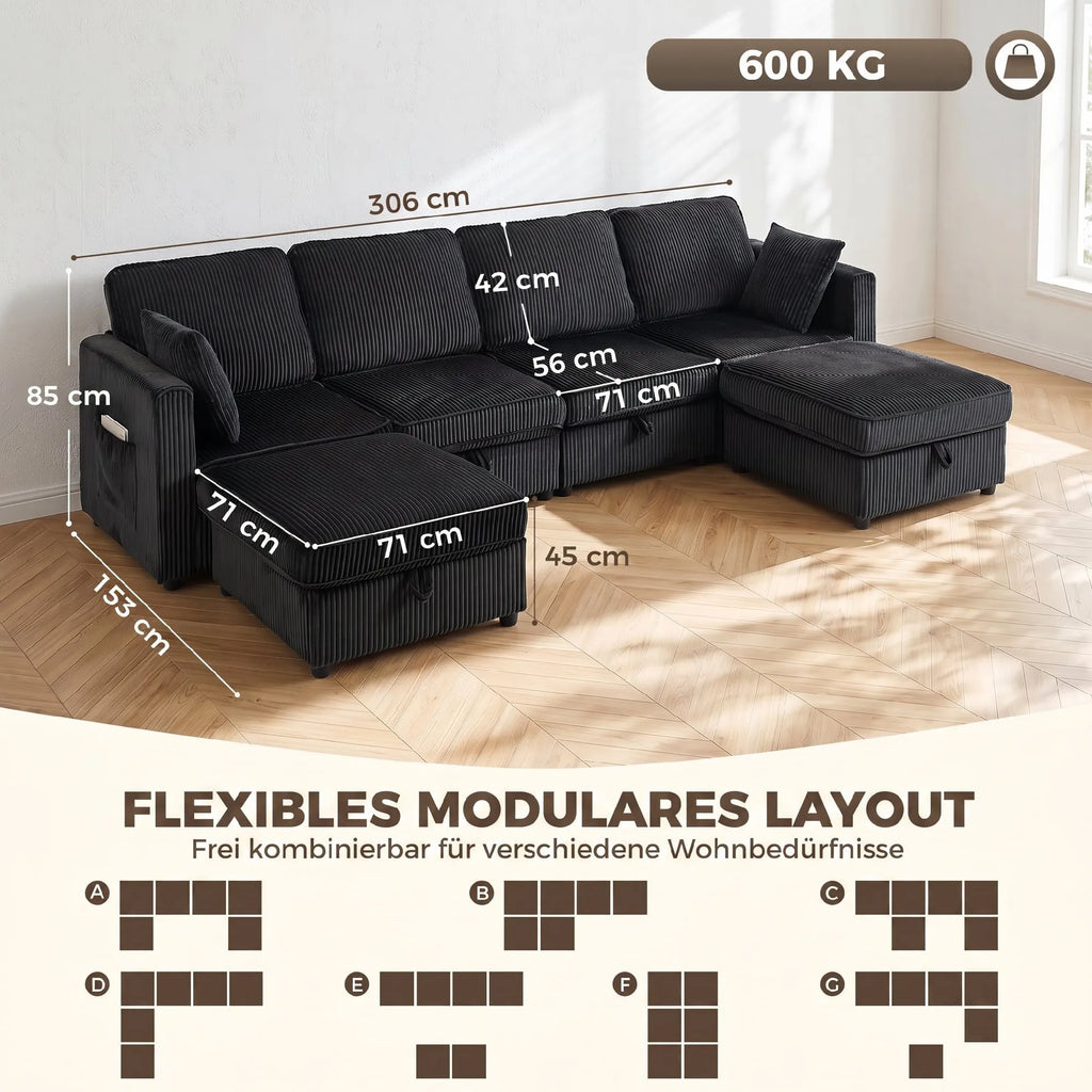 Kampinė sofa 4 vietų, modulinė sofa su daiktadėžėmis, 306 cm, tamsiai pilka