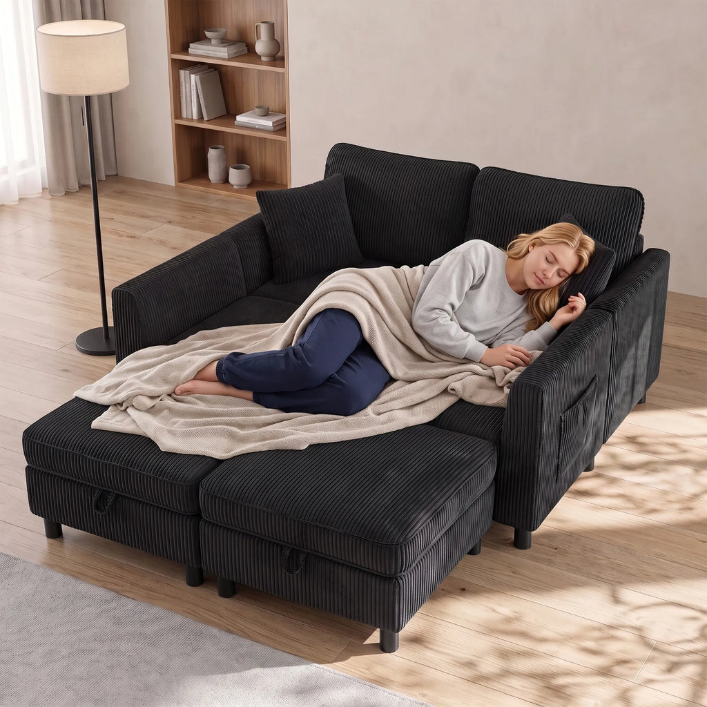 Kampinė sofa 4 vietų, modulinė sofa su daiktadėžėmis, 306 cm, tamsiai pilka