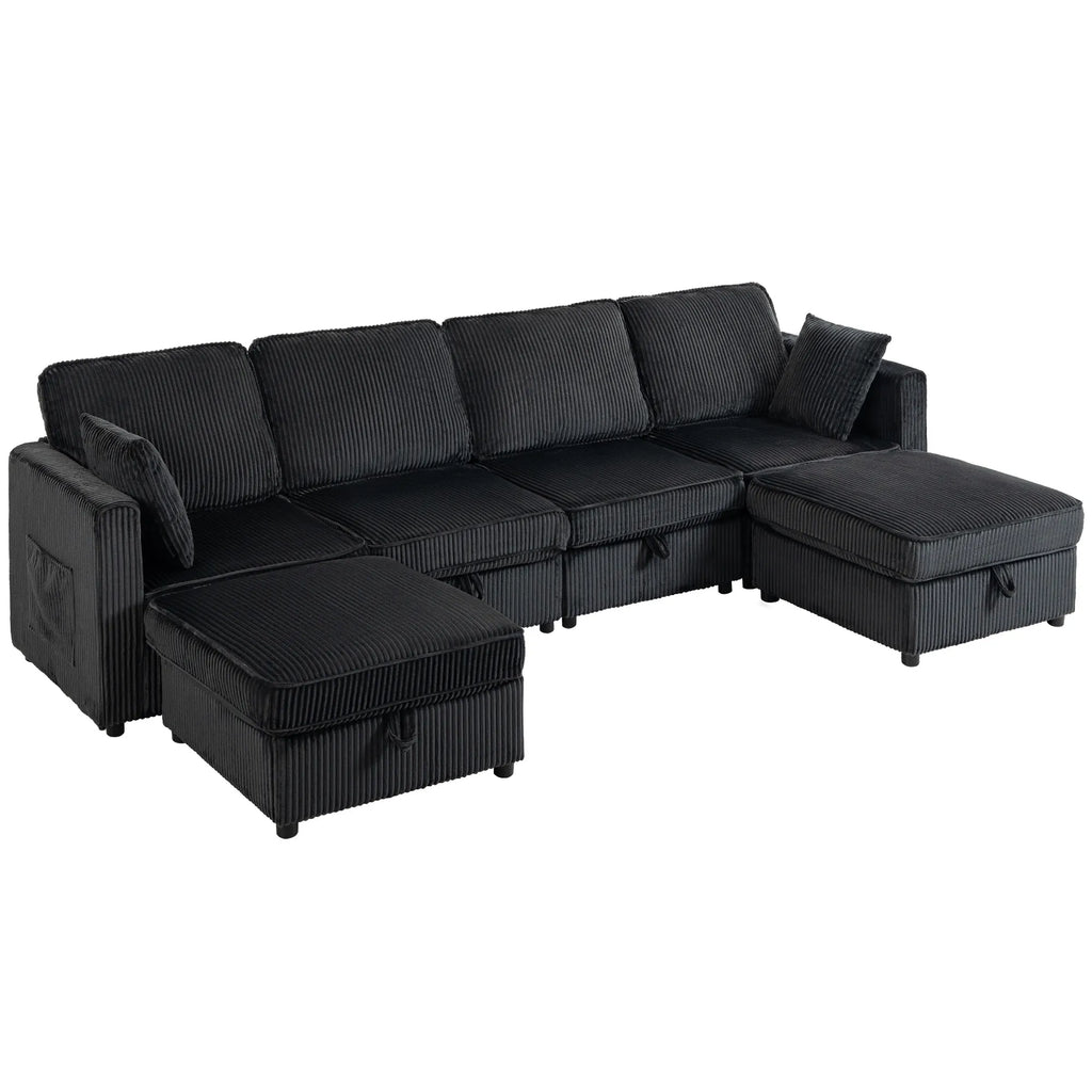 Kampinė sofa 4 vietų, modulinė sofa su daiktadėžėmis, 306 cm, tamsiai pilka
