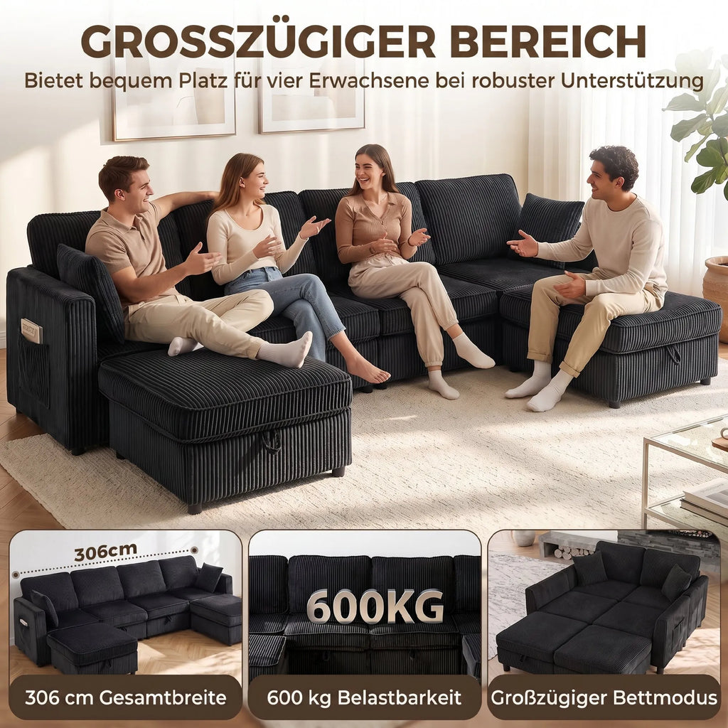Kampinė sofa 4 vietų, modulinė sofa su daiktadėžėmis, 306 cm, tamsiai pilka