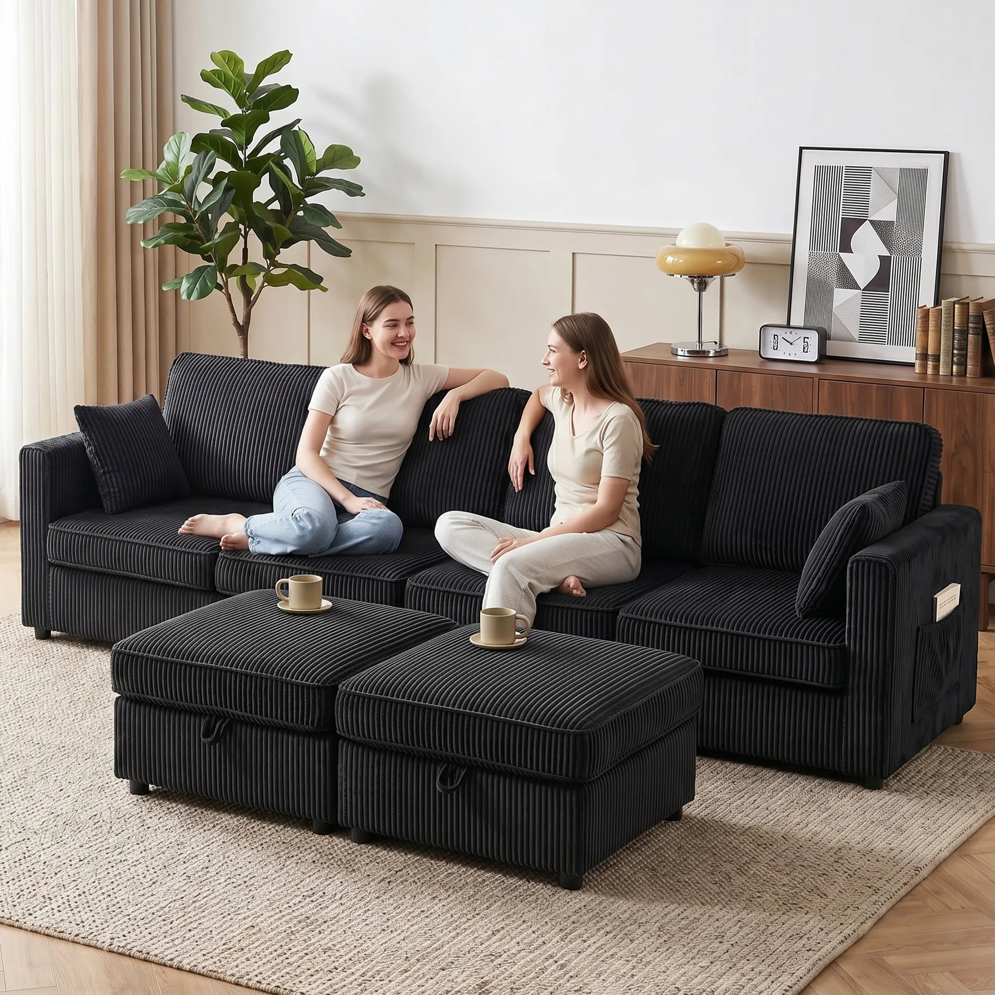 Kampinė sofa 4 vietų, modulinė sofa su daiktadėžėmis, 306 cm, tamsiai pilka