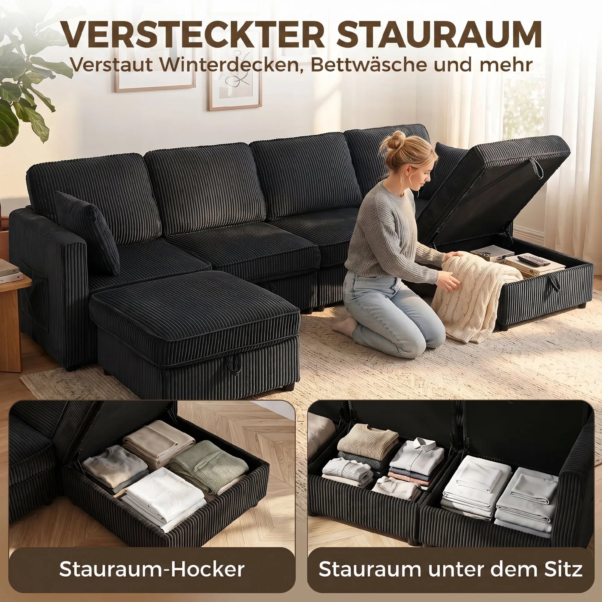 Kampinė sofa 4 vietų, modulinė sofa su daiktadėžėmis, 306 cm, tamsiai pilka