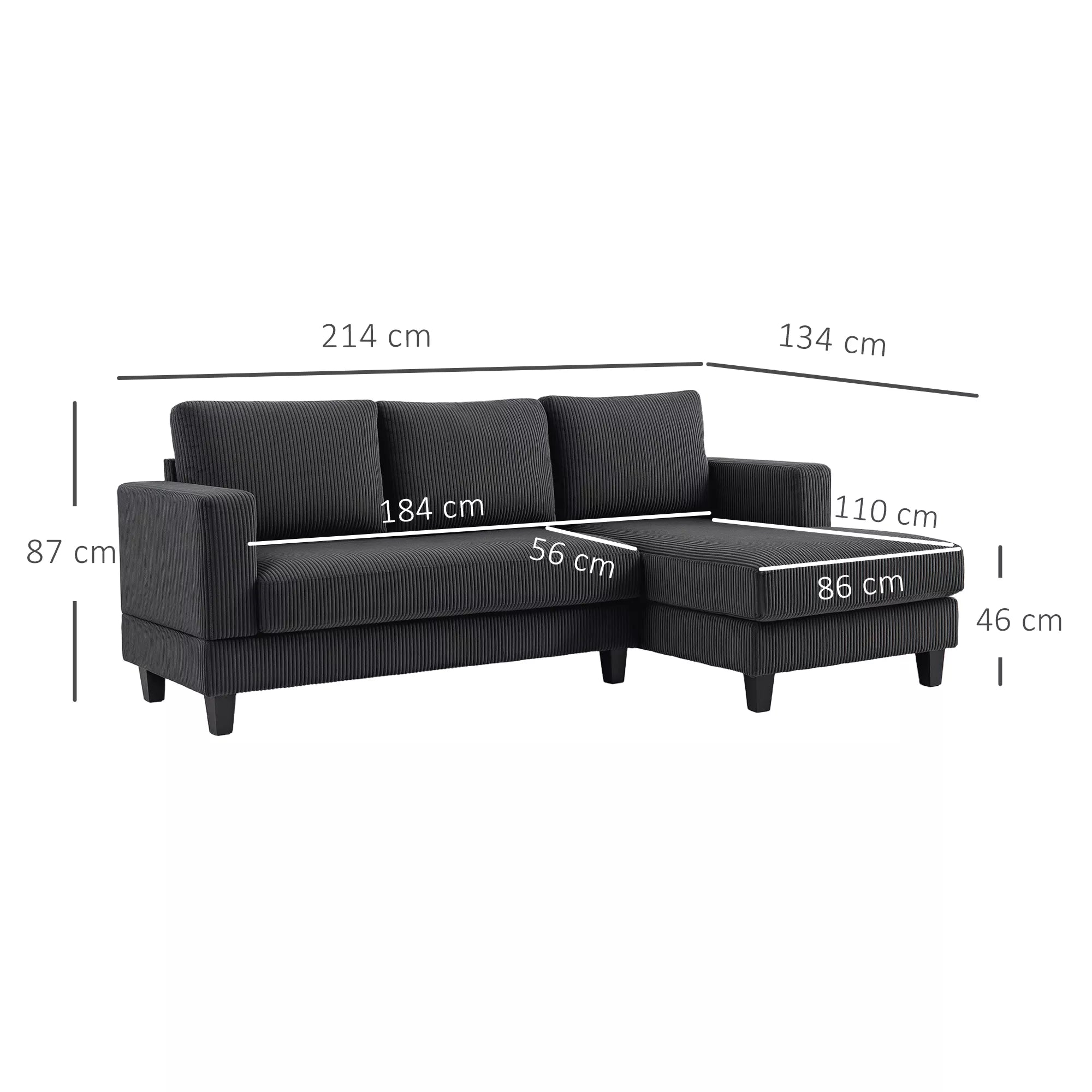 Kampinė sofa L-formos su šezlongu, tamsiai pilka