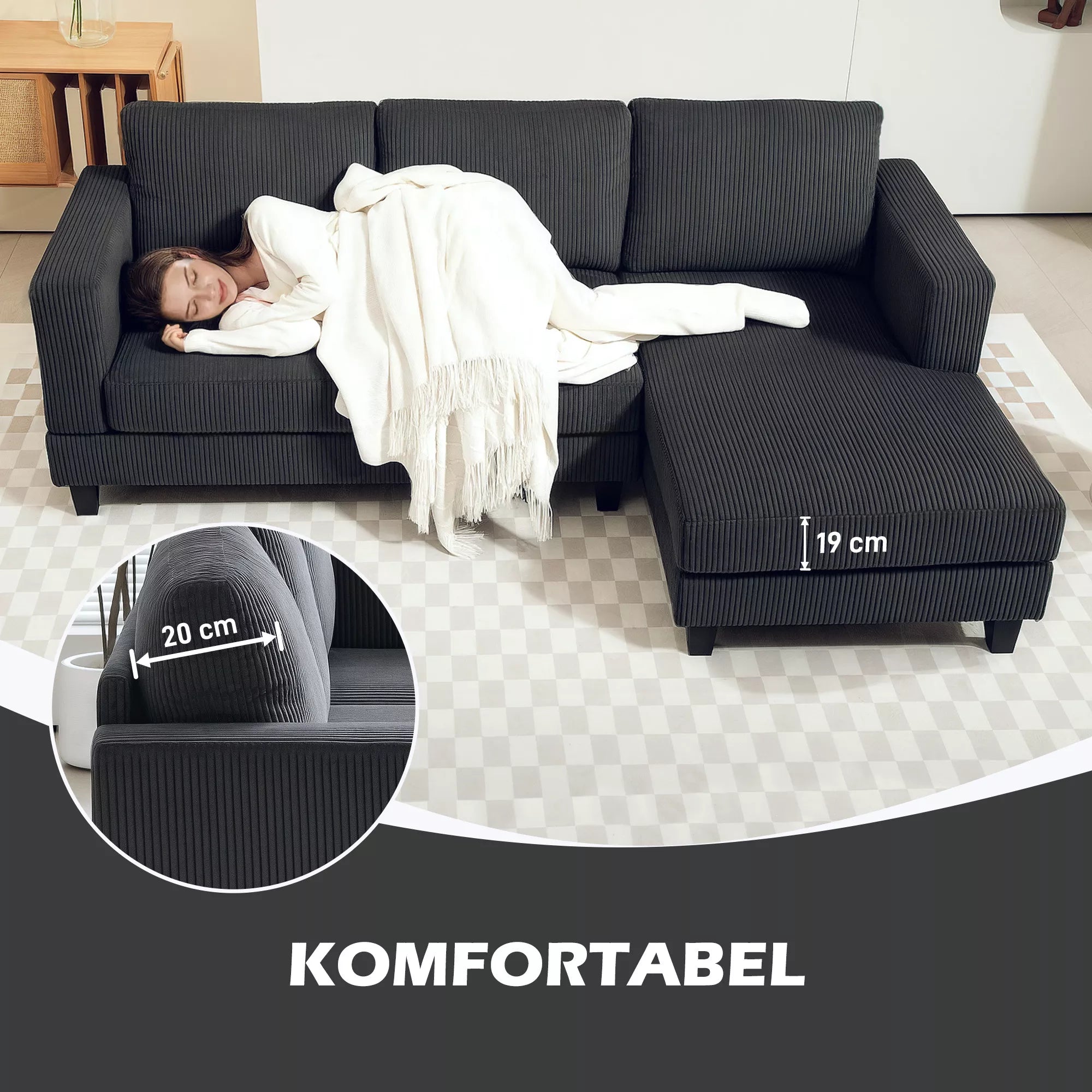 Kampinė sofa L-formos su šezlongu, tamsiai pilka