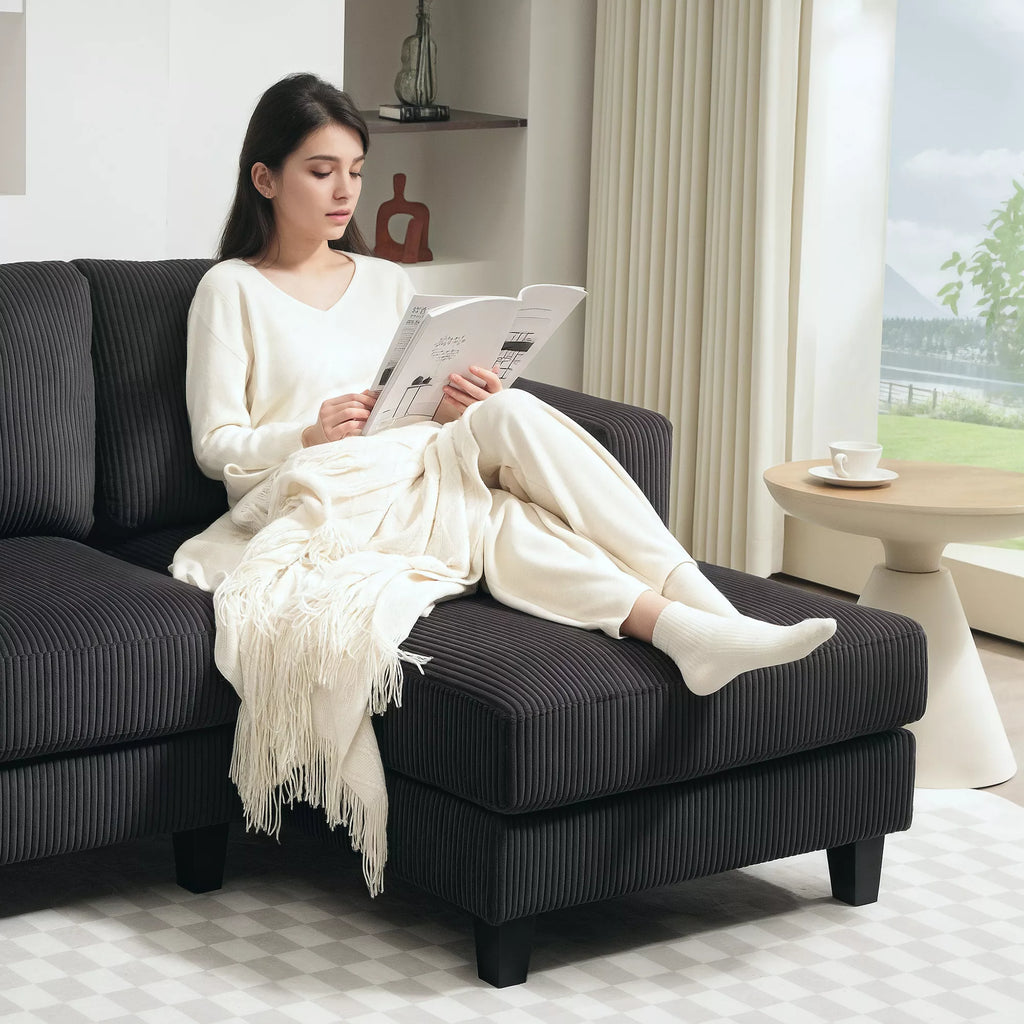 Kampinė sofa L-formos su šezlongu, tamsiai pilka