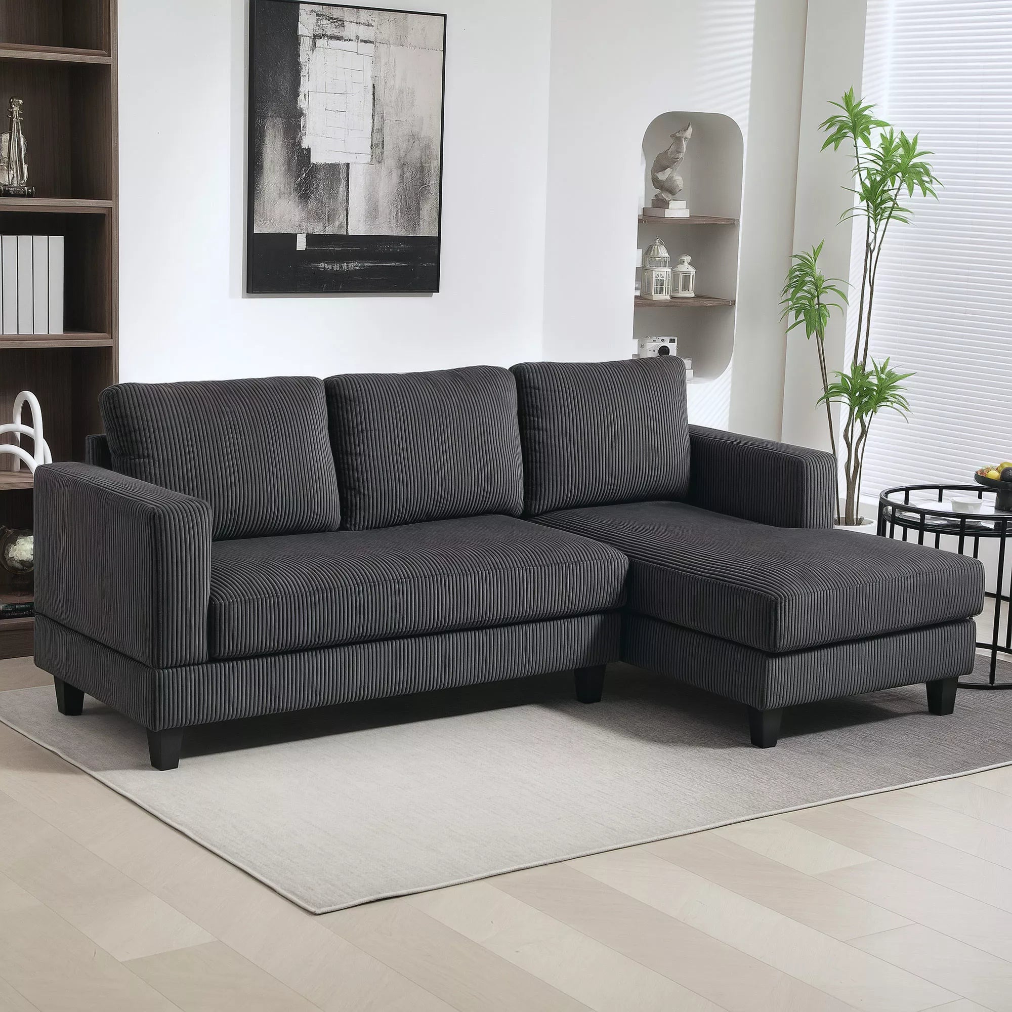Kampinė sofa L-formos su šezlongu, tamsiai pilka