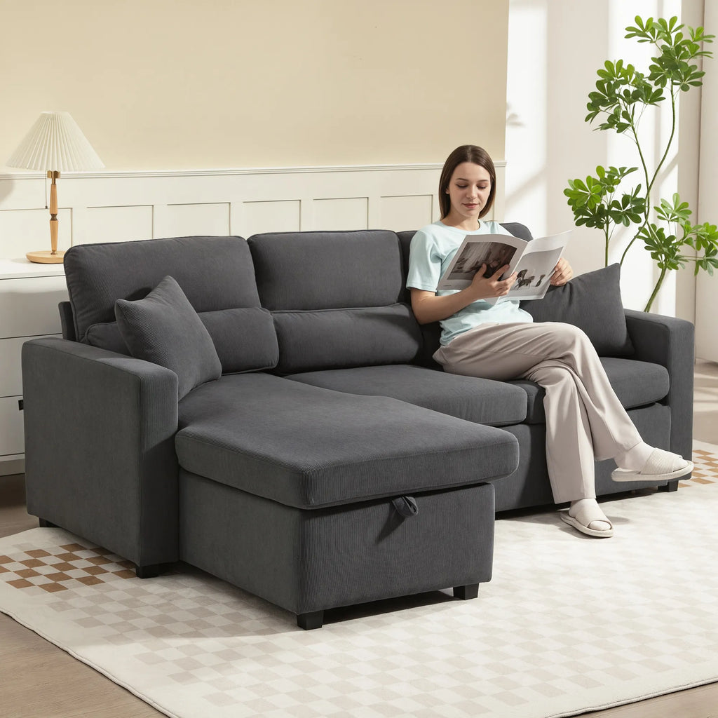 Kampinė sofa-lova su daiktadėže, 205 cm, tamsiai pilka