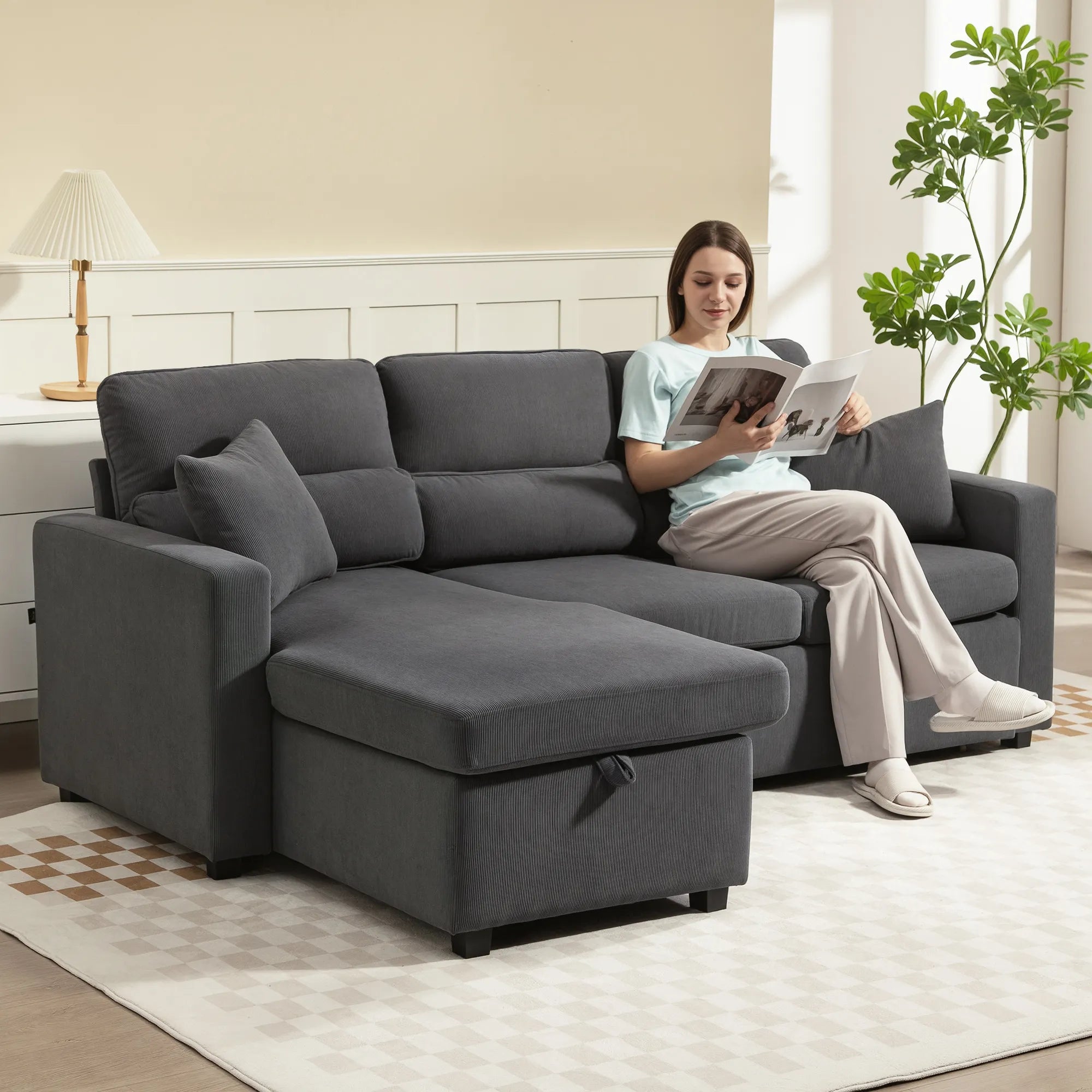 Kampinė sofa-lova su daiktadėže, 205 cm, tamsiai pilka