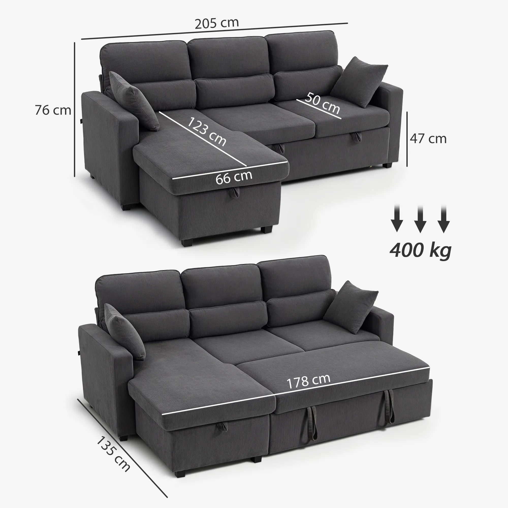 Kampinė sofa-lova su daiktadėže, 205 cm, tamsiai pilka