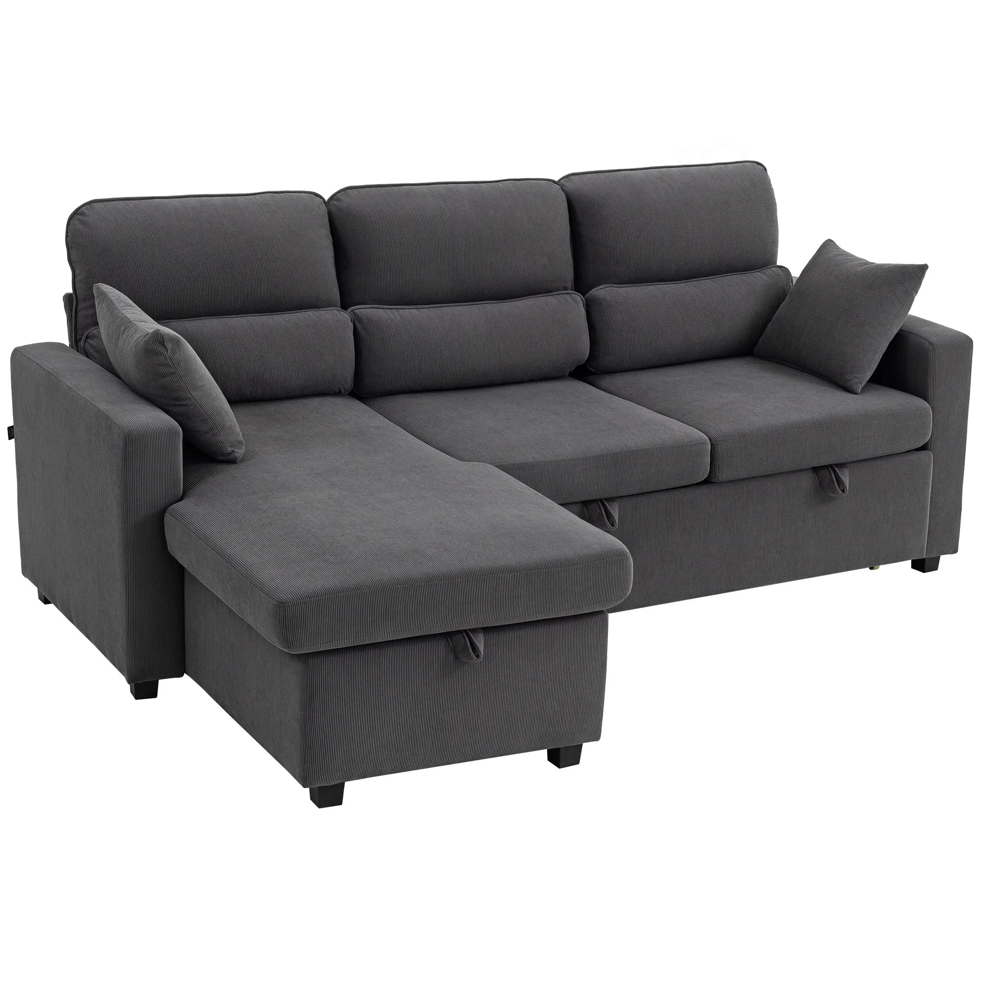 Kampinė sofa-lova su daiktadėže, 205 cm, tamsiai pilka