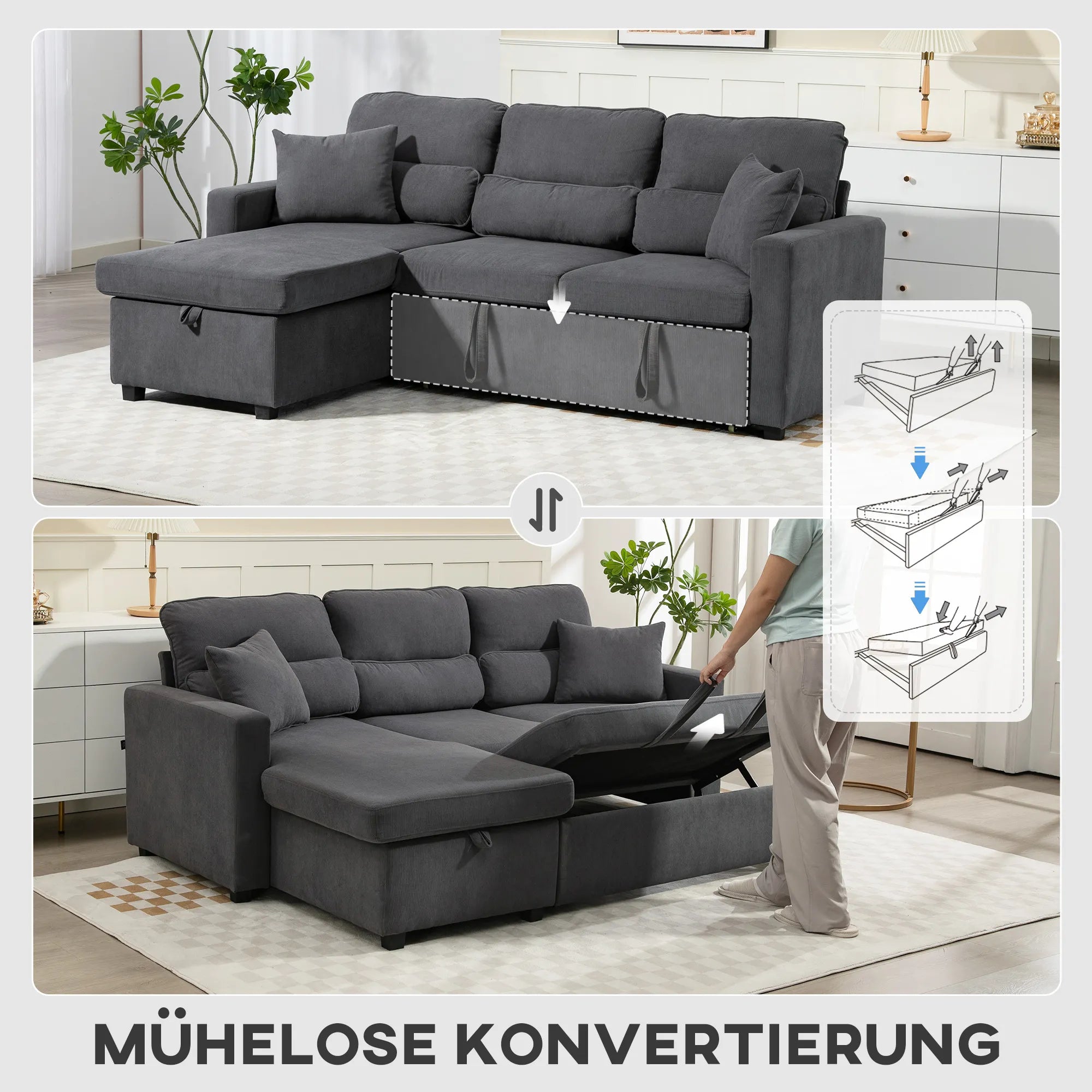 Kampinė sofa-lova su daiktadėže, 205 cm, tamsiai pilka
