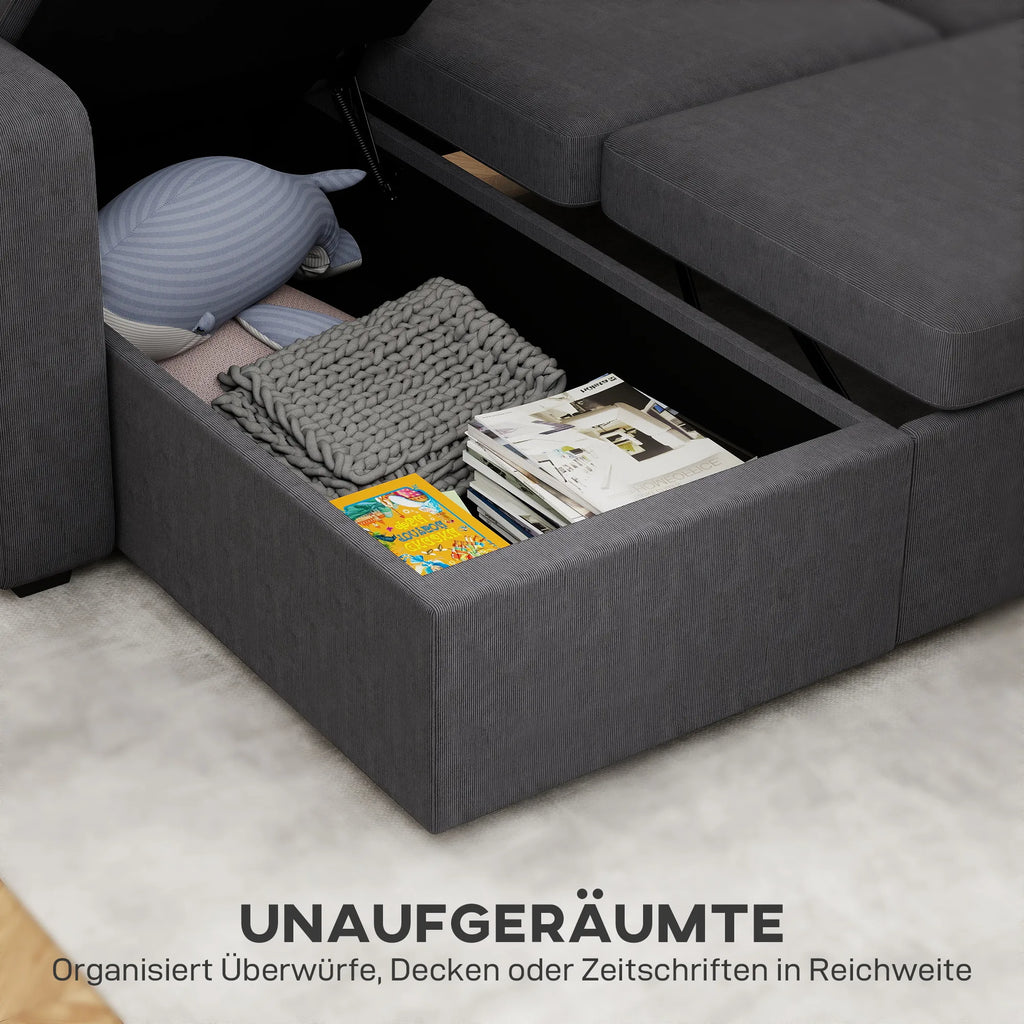 Kampinė sofa-lova su daiktadėže, 205 cm, tamsiai pilka