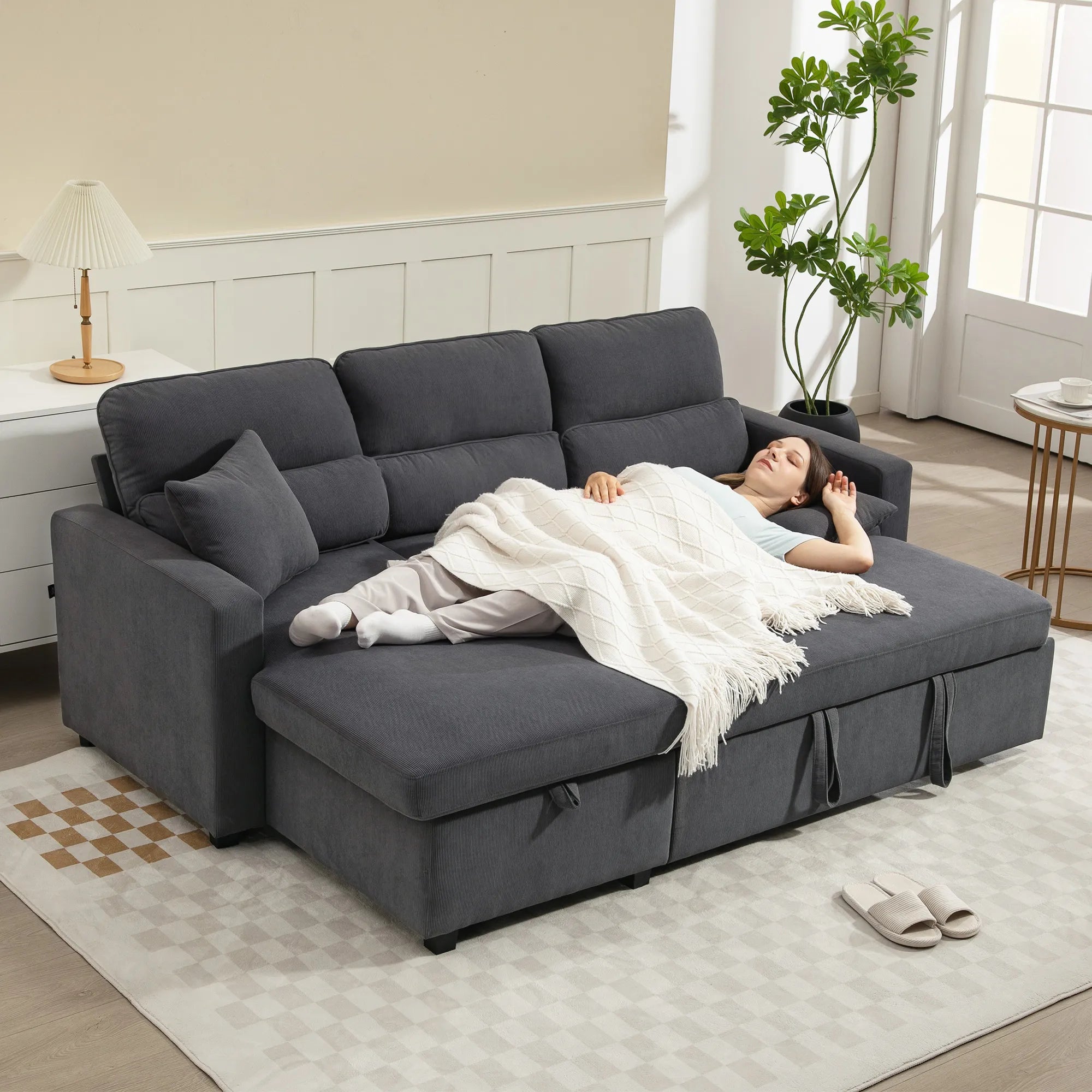 Kampinė sofa-lova su daiktadėže, 205 cm, tamsiai pilka