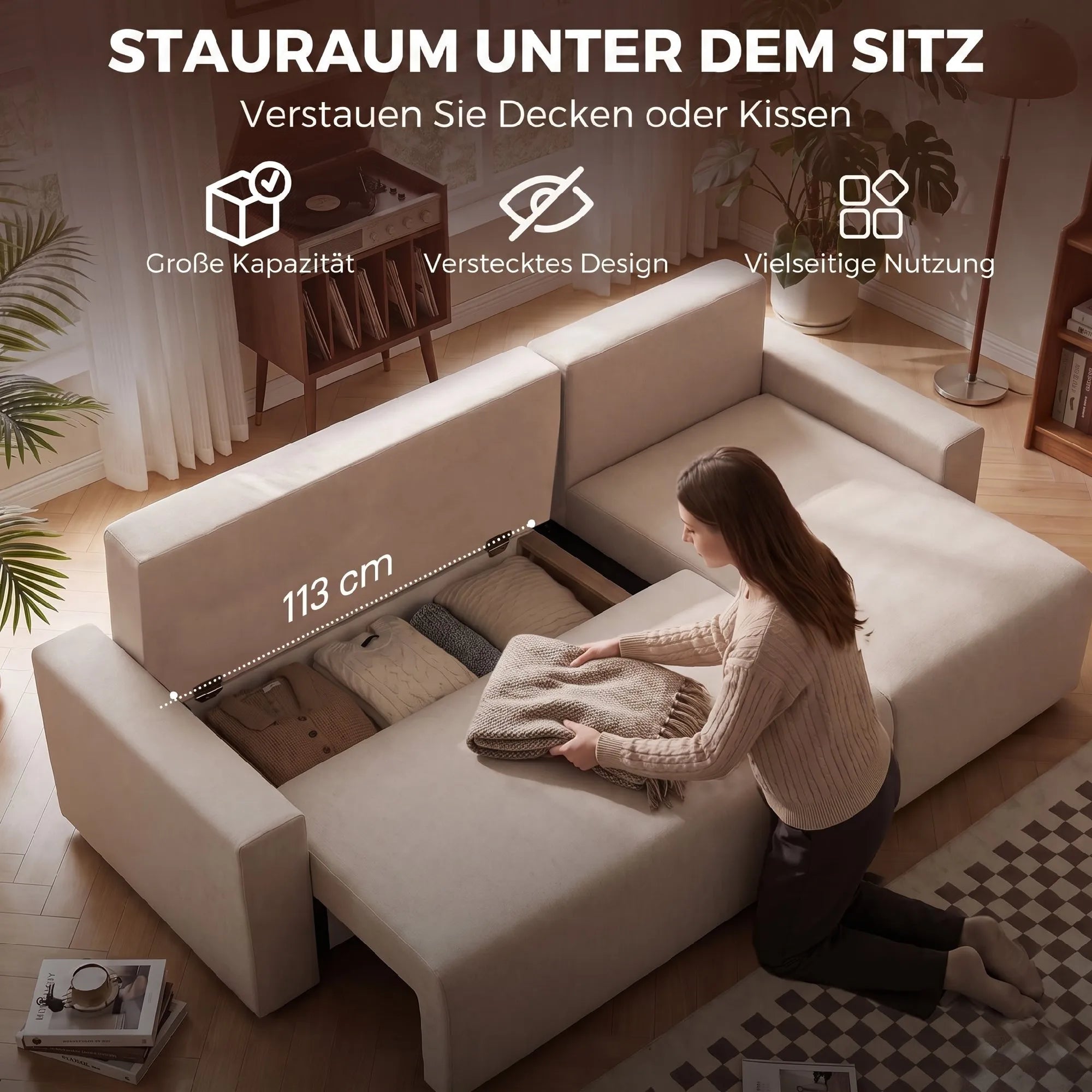 Kampinė sofa-lova su miegama funkcija, L formos, smėlio spalvos
