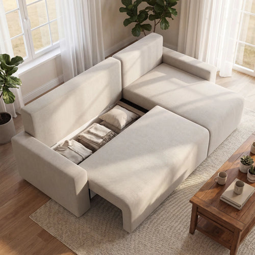 Kampinė sofa-lova su miegama funkcija, L formos, smėlio spalvos