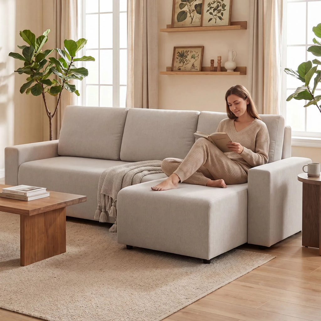 Kampinė sofa-lova su miegama funkcija, L formos, smėlio spalvos
